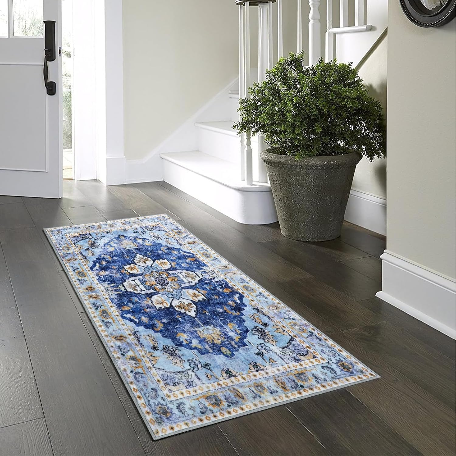 Washable Entryway Area Rug, 2x4 Small Boho Abstract Non Slip Area Throw Rug for Living Room Bedroom Kitchen Door Mat Indoor Entrance, Yellow Blue