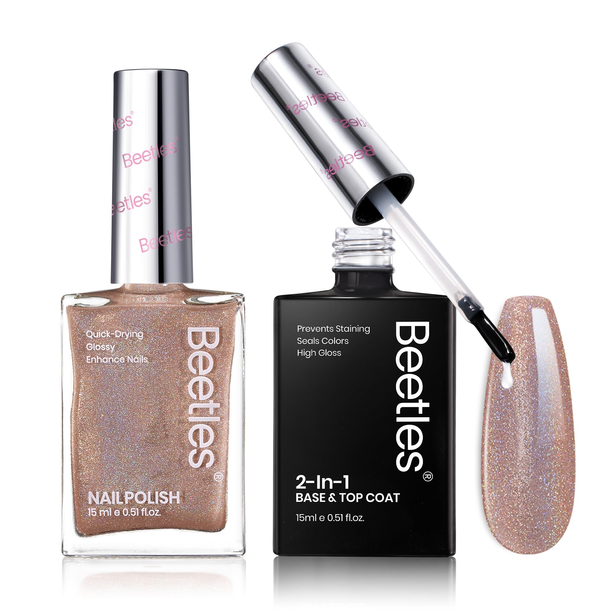 Beetles Nail Polish Set Brown Glitter with 2 in 1 Base Top Coat Nail Polish Whispering Sand -Fast
