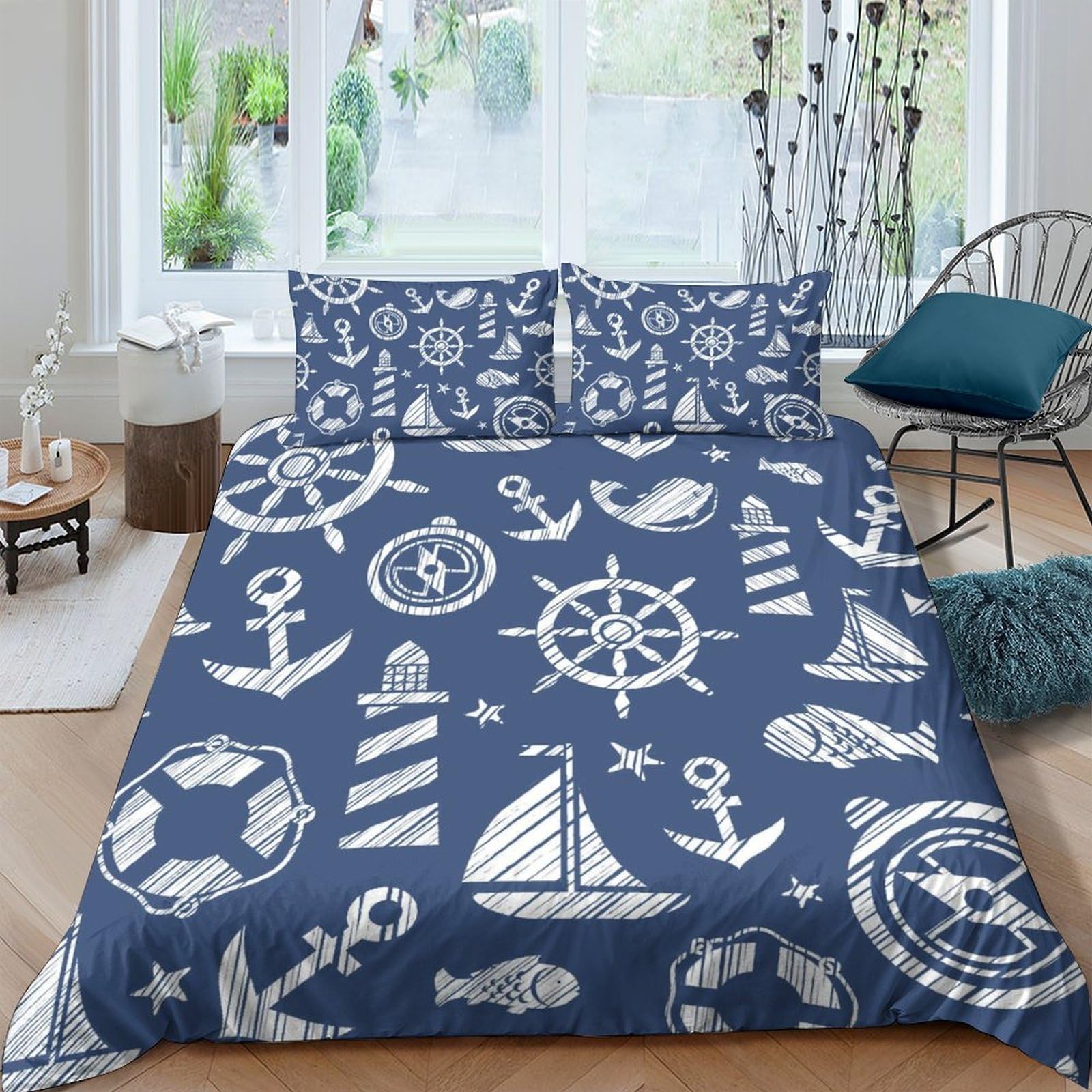 Ctjqhvkz Style-9 3D Printed Nautical Anchor Fitted Sheet Microfiber Soft Breathable Ocean Sailboat Mattress Cover For Bedroom Guest Room Decor Single（135X200cm）
