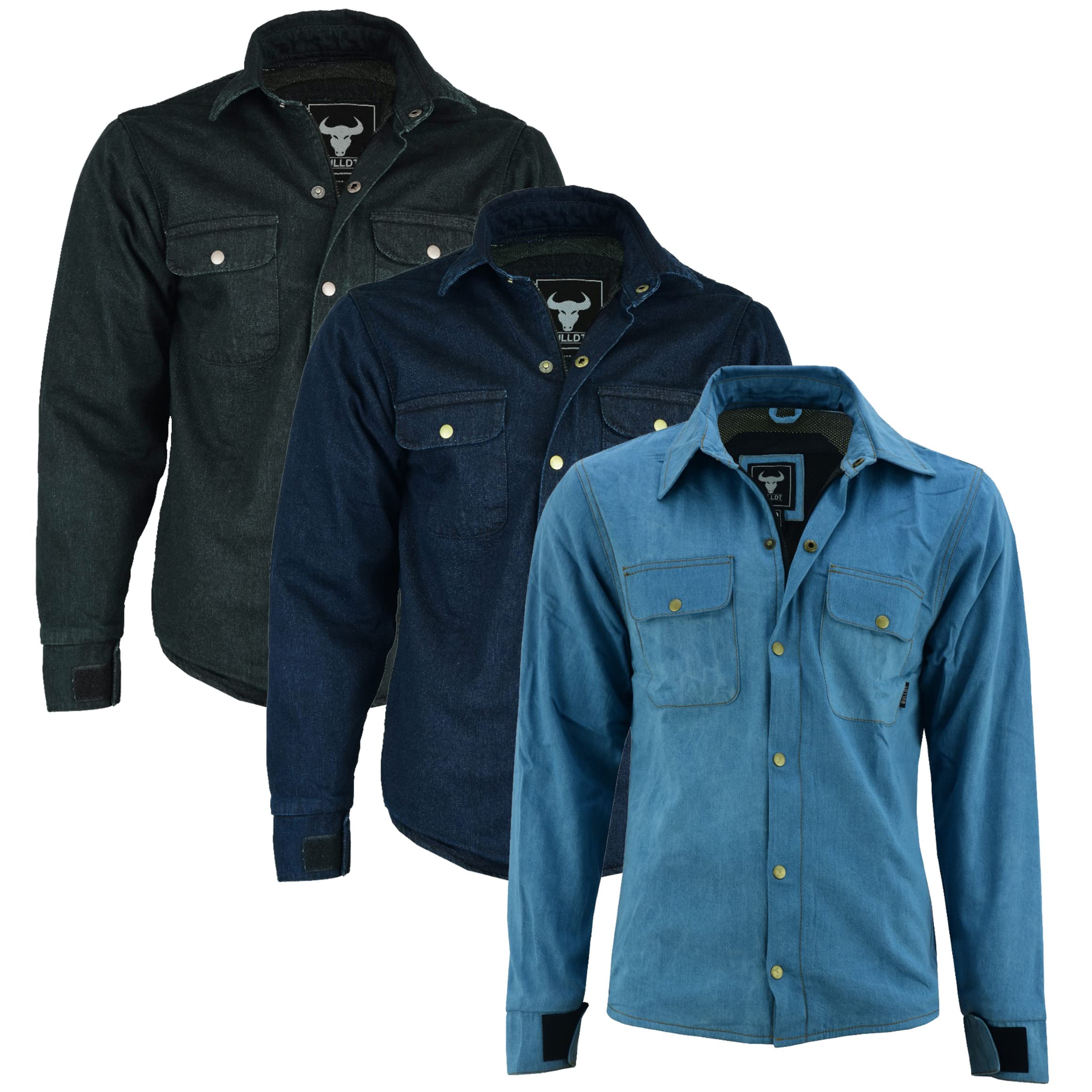 BULLDT Motorradhemd Jeanshemd Motorradjacke herren Futter aus kevlar aramid mit geprüfte Protektoren rutsch brandfest motorrad biker hemd denim