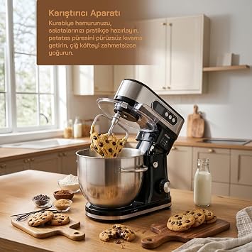 Sinbo SMX-2779 Stand Mikser 2000W, 12 L Paslanmaz Çelik Hazne, Dijital Ekranlı, Zaman Ayarlı, 8 Hız Kademeli, Hamur Yoğurma Makinesi, Mutfak Şefi, Çırpıcı ve Hamur Kancalı