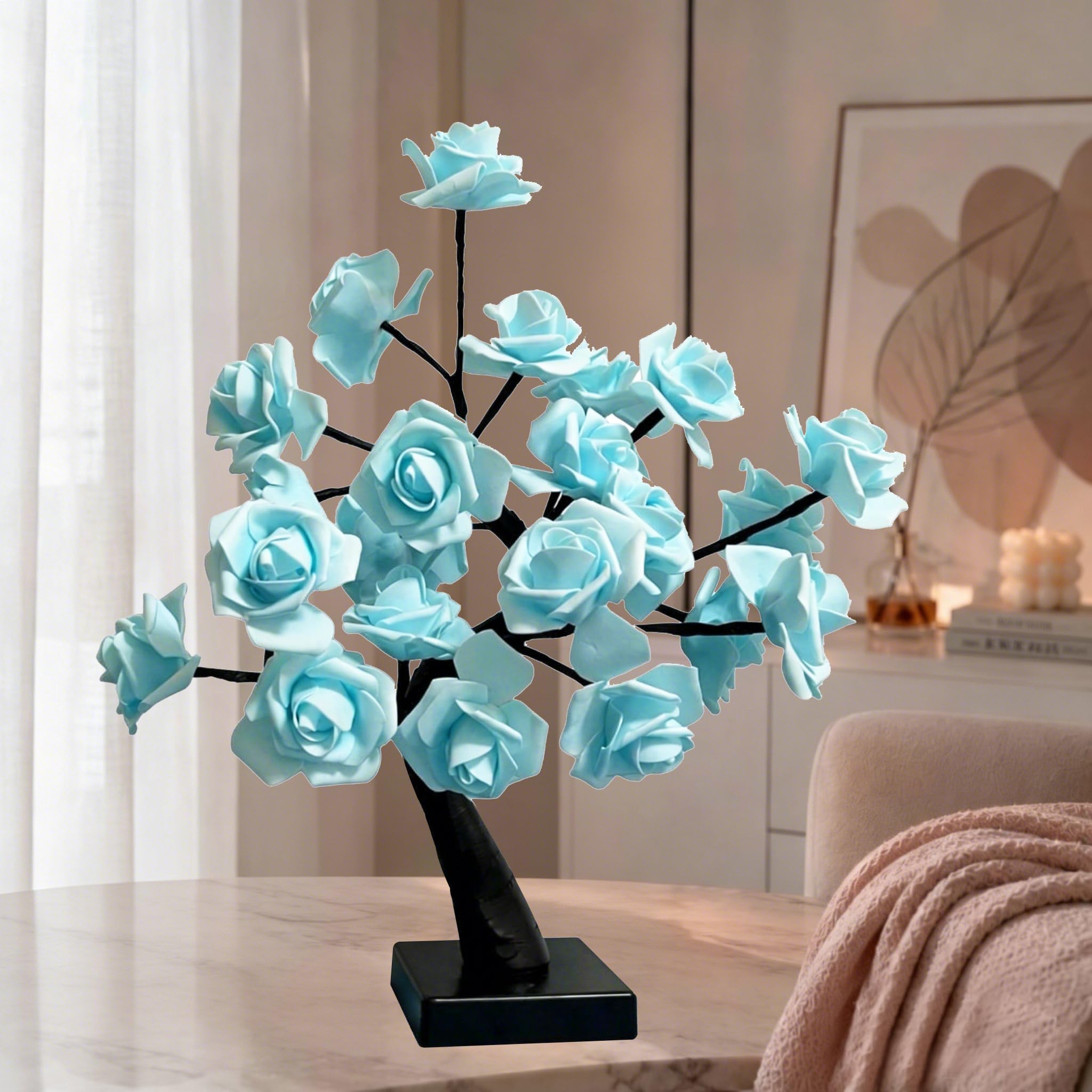 24 luci LED a forma di albero di rosa blu, lampada da tavolo con fiori artificiali bonsai, alimentata a batteria USB, luce notturna romantica per camera da letto, soggiorno, feste, matrimoni, San