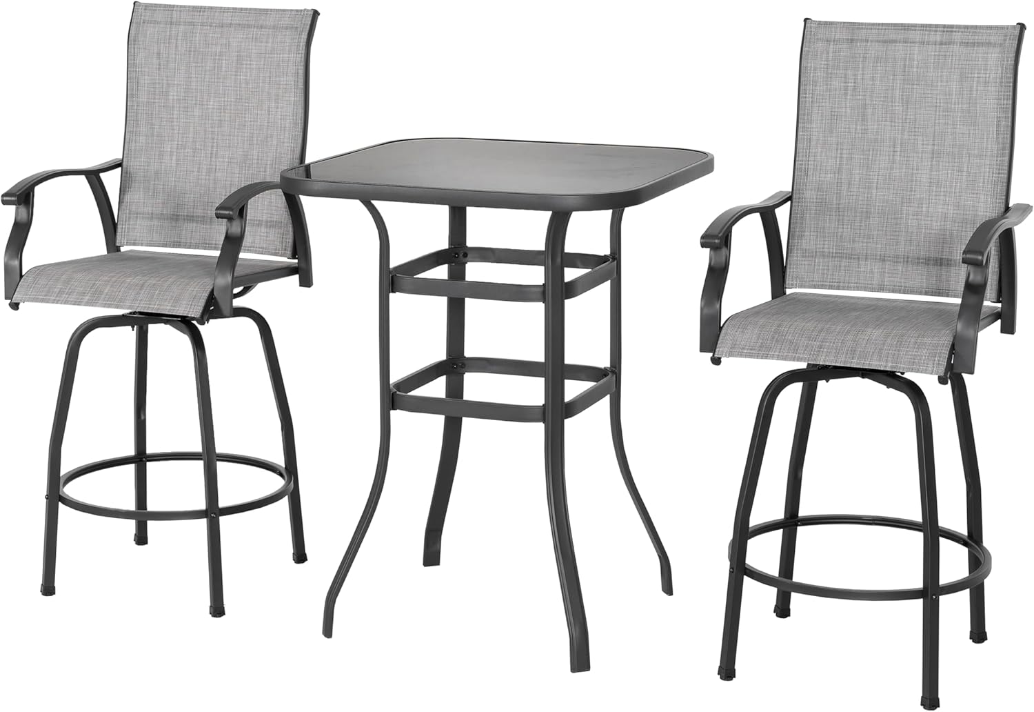 NUU GARDEN 3 Piece Outdoor Patio Bar Set, Patio Bar Furniture Set, Outdoor Tempered Glass Square Bar Table and Textilene Swivel High Backrest Bar Stools for Patio, Garden, Backyard, Gray and Black