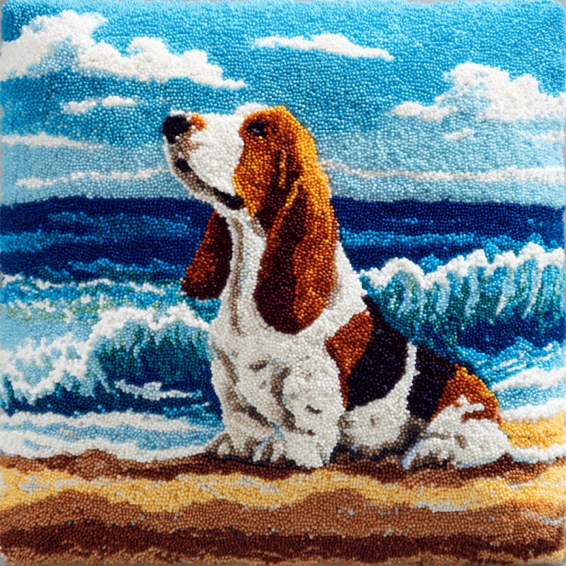 Kitquiver Animal Cushion Making Kit Cartoon Basset Hound DIY Latch Hook Kit Cushion Home Decor Embroidered Pillow Kits,Beginner Adult Embroidery Set 17x17In