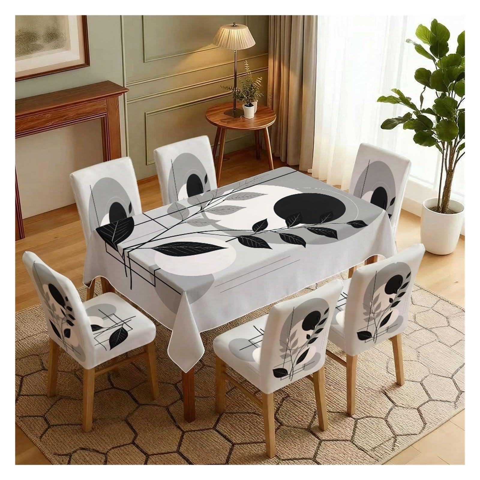 KXUAUV Stretch Dining Chair Slipcover & Tablecloth Set, Black White Geometric Leaf Print, 5/7 Pack, Modern Minimalist Neutral Home Decor Party Decor(7pcs Set: Tablecloth+Chair Covers)