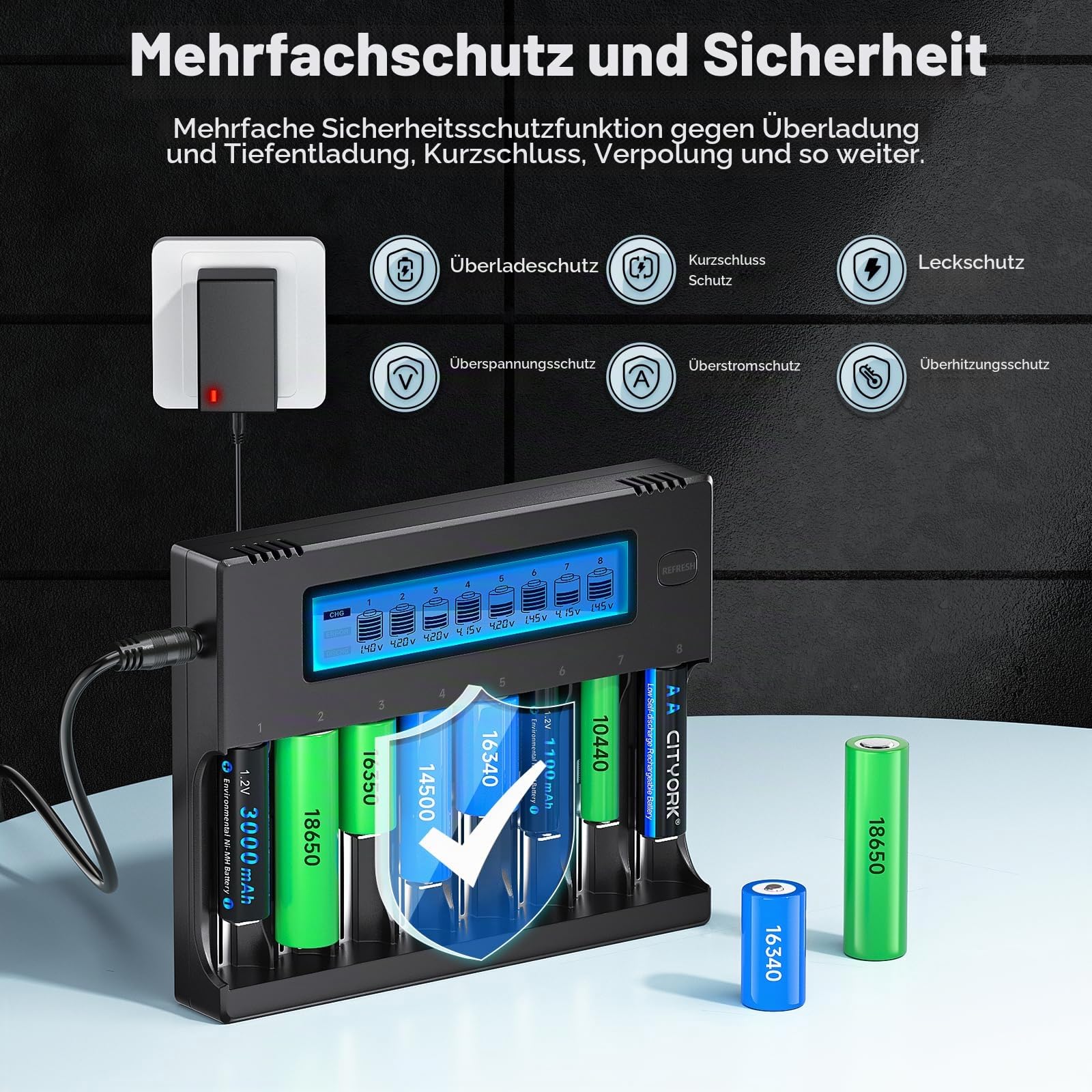CITYORK 18650 Ladegerät, 8 Slot Universal Akku Ladegerät mit LCD Display Schnellladung für Li-Ion Akkus 18650, 20700, 26650,13450, 14500, 14650, 16340(RCR123),17500, NI-MH AA/AAA Batterie