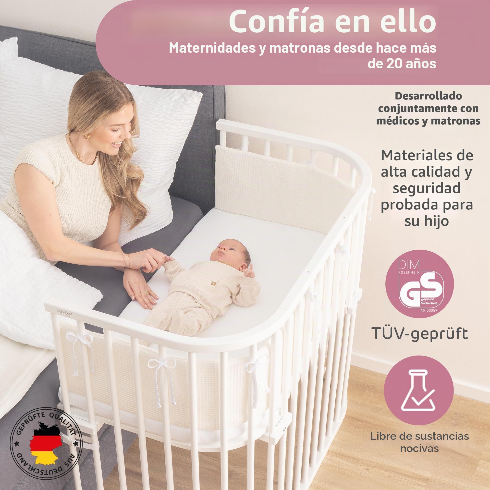 babybay Boxspring XXL - Cuna auxiliar de madera de haya maciza, compacta y transformable, altura regulable sin niveles, cuna de bebé (lacada en blanco)
