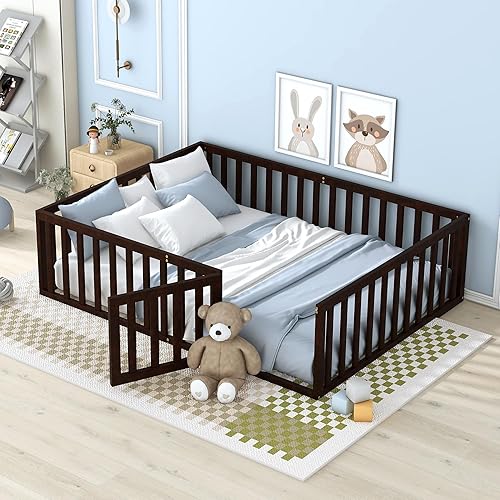 Miniatura 55 de Harper & Bright Designs Cama de suelo tamaño Queen con barandillas de seguridad y puerta, marco de madera para niñas/niños, cama Montessori para