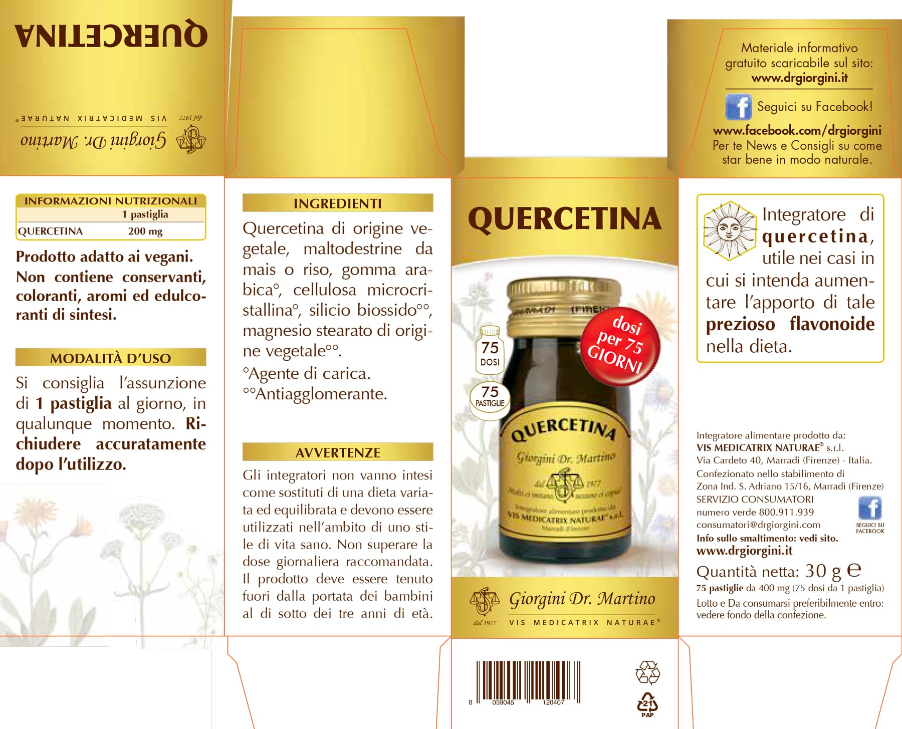 Dr. Giorgini Quercetina - Confezione da 75 pastiglie da 400 mg (75 dosi da 1 pastiglia), 30 g