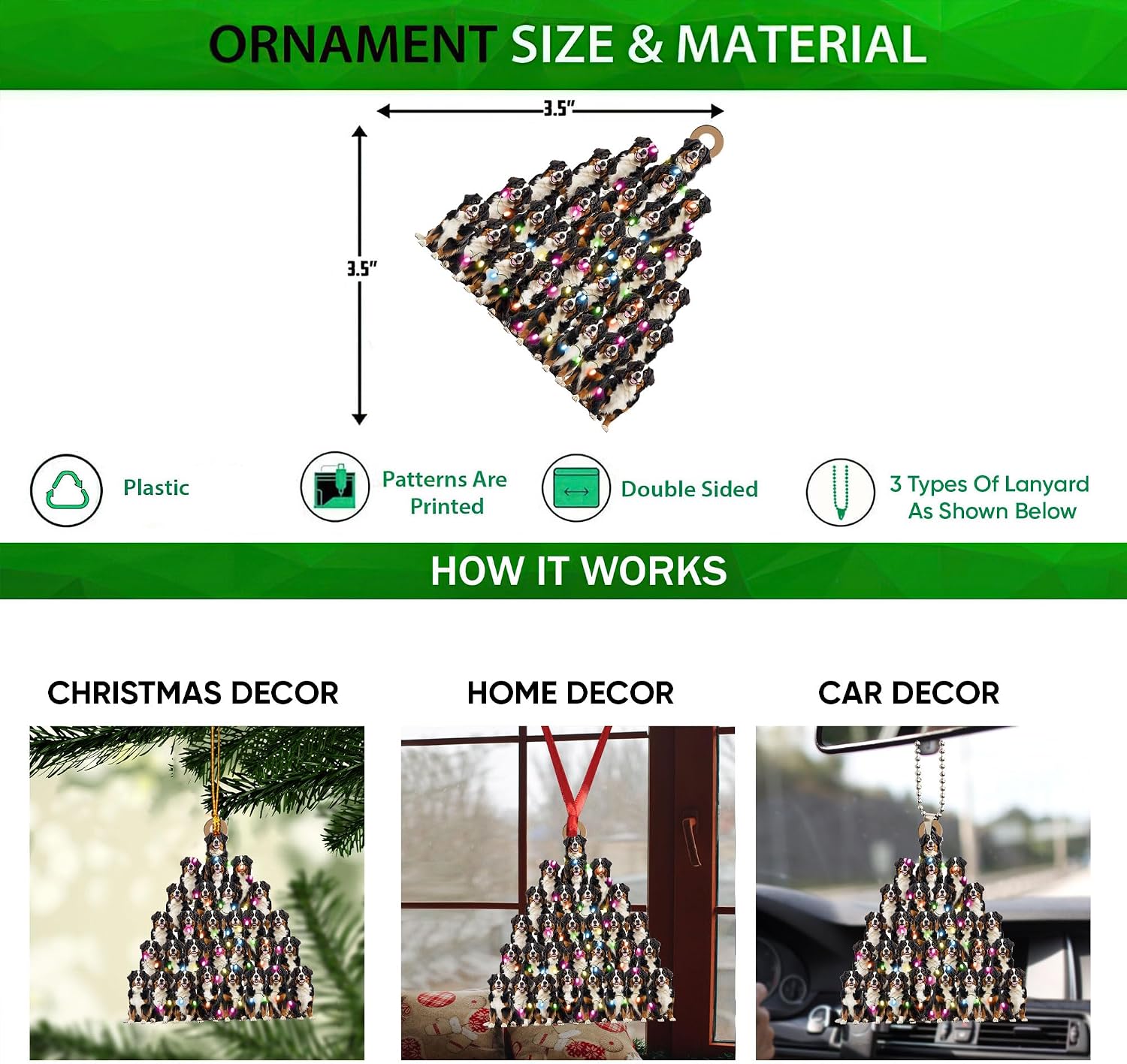 Talataca Bernese Mountain 2D Flat Christmas Ornament, Christmas Pine Tree Shape with String Light Pine Tree Decor, Hanging House Charm Eve Keepsake, Car Rear View Mirror Accessories, Xmas Gift image 2
