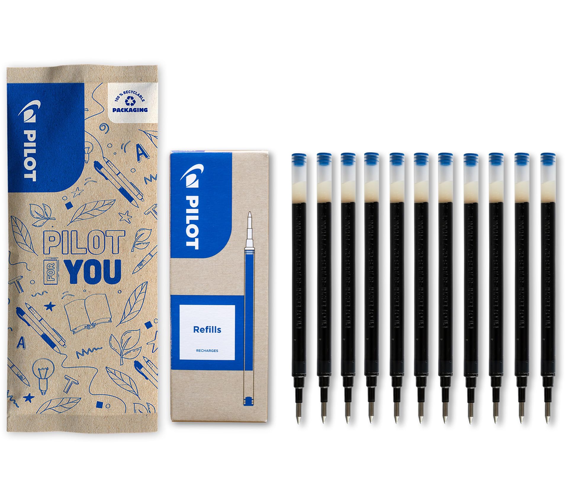 Pilot - Pack of 10 +1 Free Refills BLS-G2-7 - Compatible Rollerball Pens 0.7mm G2, G2 Plus, B2P Gel - Intense Gel Ink - Blue - Medium Tip