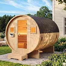 Aoxun Outdoor Barrel Sauna, 4-6 Person Tradition Wood Dry&Steam Sauna with Sauna Stone, 220V/6KW Electric Heater