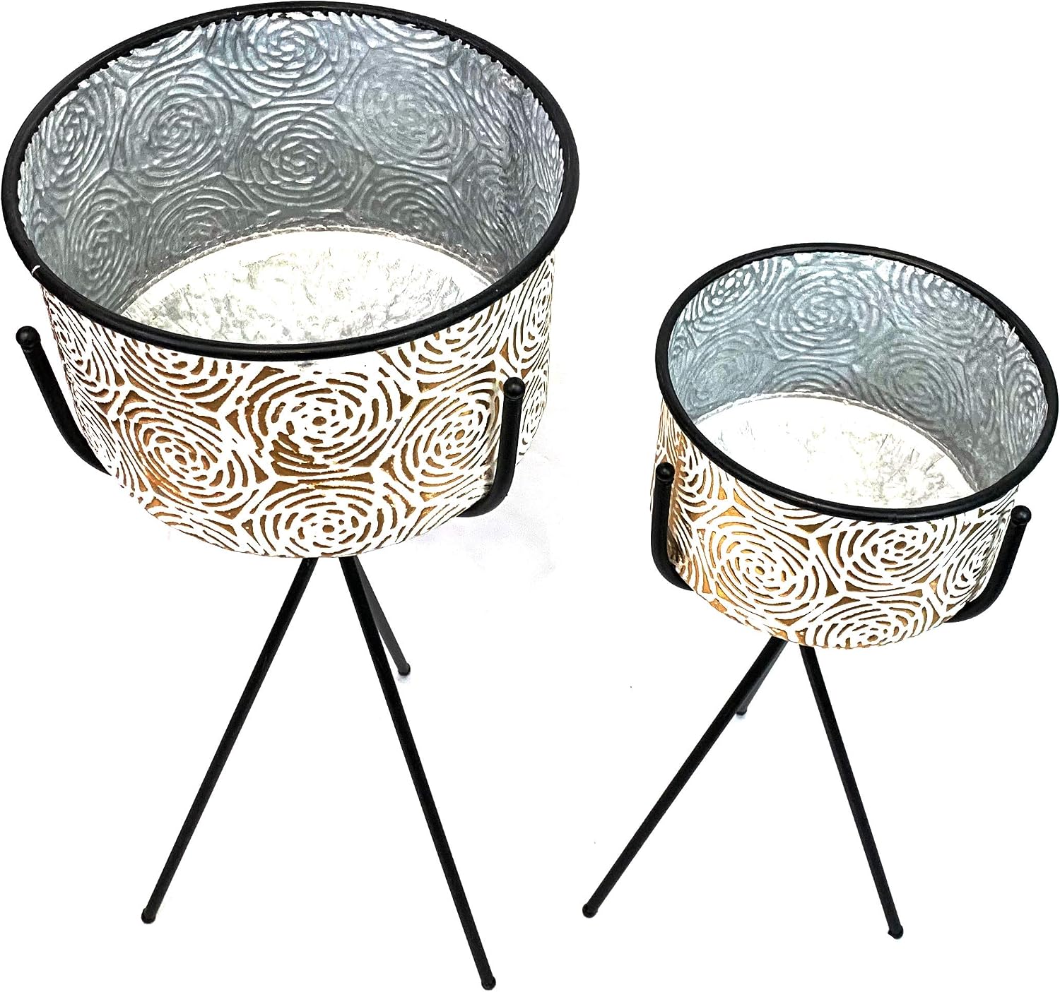 allgala HD88352 Deluxe Galvanized Planter Pot Indoor and Outdoor Decoration(Pack of 2, Gold Rose 3 Leg Stand)