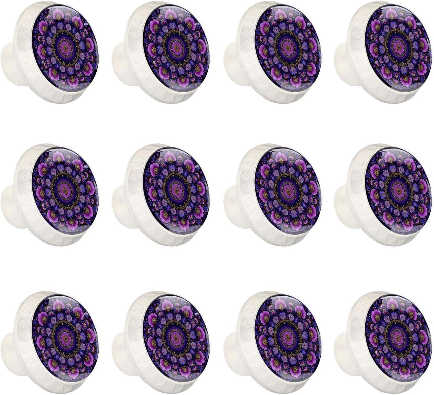 Black Finish Purple Round Hipple Mandala Floral Flowe (1) Printed Drawer Knobs, Stylish Cabinet Hardware for Bedroom Closet, Cupboard and Furniture Upgrade