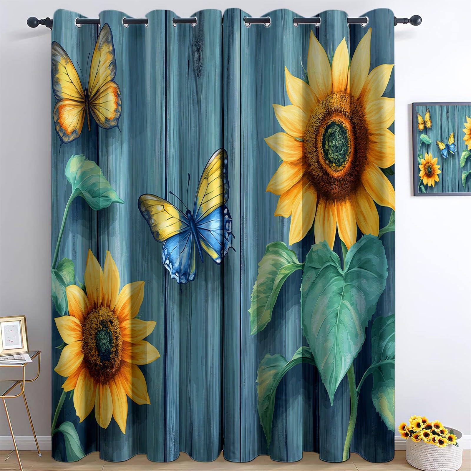 Watercolor Wood Texture Sunflowers And Butterflies Thermal Insulated Curtains Grey Grommet Window Drapes Eyelet Blackout, 3D Noise Reducing Curtain for Windows Living Room, 46” W x 72” L x 2 Panels