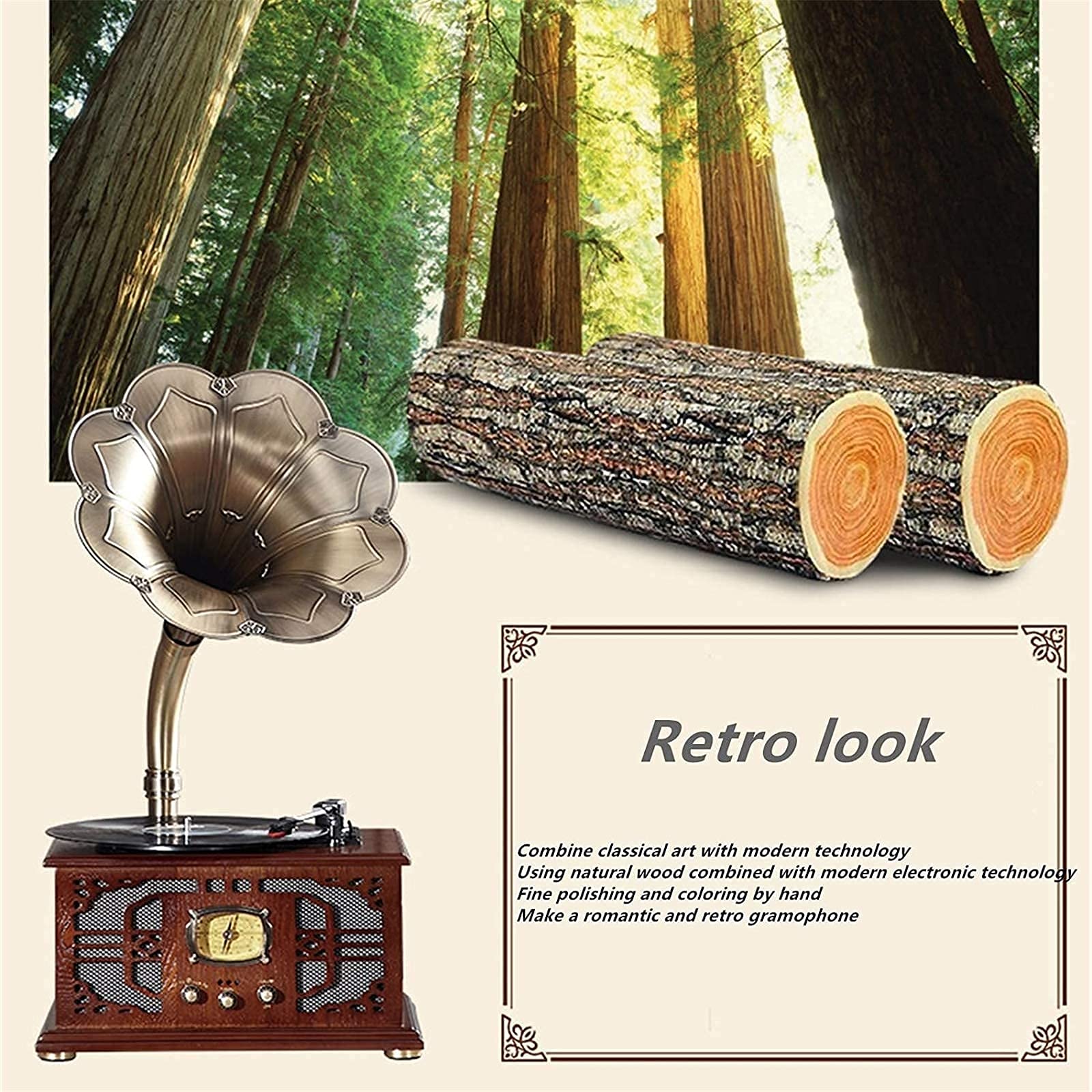 Gramófono de Madera, Estilo Retro, Tocadiscos de Vinilo Antiguo de Gran tamaño, Compatible con reproducción de vinilos y CD, Bluetooth inalámbrico, Radio y reproducción de Disco, Brown