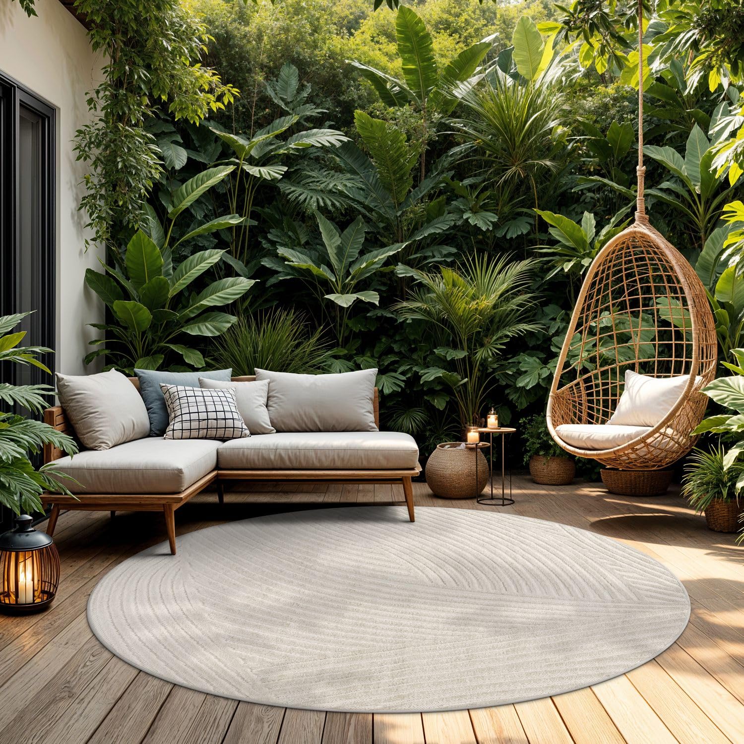 TT Home Outdoor Teppich Rund 160 cm Creme, Wetterfest & Robust modernes Boho Skandi Design mit 3D-Optik, für Terrasse & Wohnzimmer