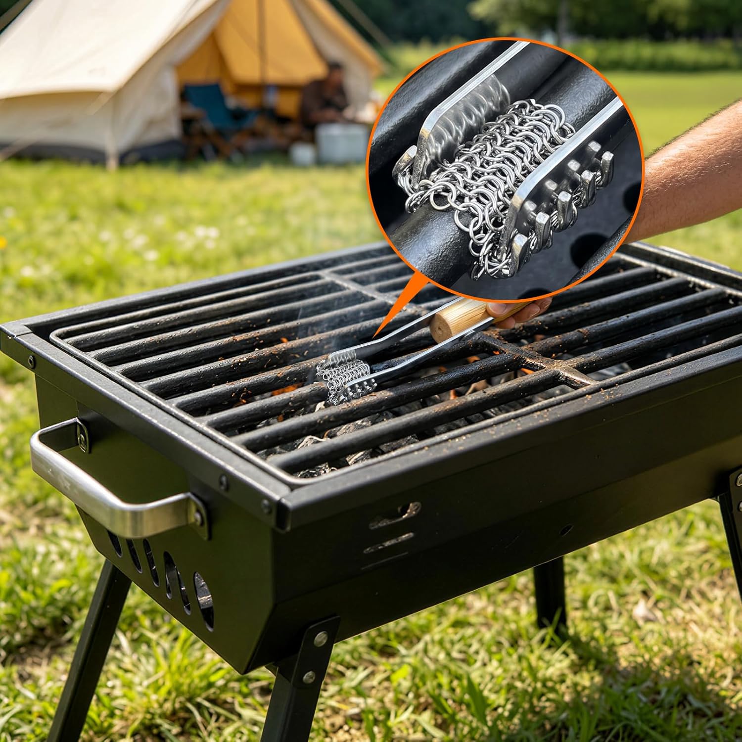 House Again Grill Scraper, Mesh Ring Grill Brush for Wire Grates & Rod Grates, Safe Barbecue Scraper with Long Wooden Handle for Outdoor BBQ & Camping-Griller Gifts for Men