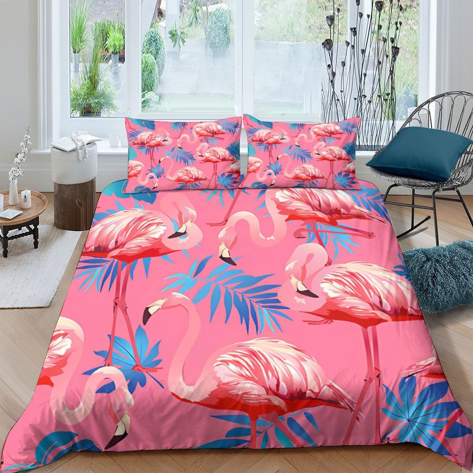 Housse de couette flamant africain 220x240 parure de lit feuilles de palmier avec zip