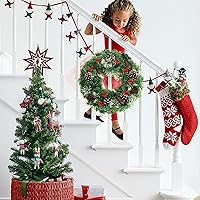 Vista 7 de Corona de Navidad, coronas de Navidad artificiales preiluminadas de 18 pulgadas para puerta delantera con piñas, bayas, corona de Navidad con luces