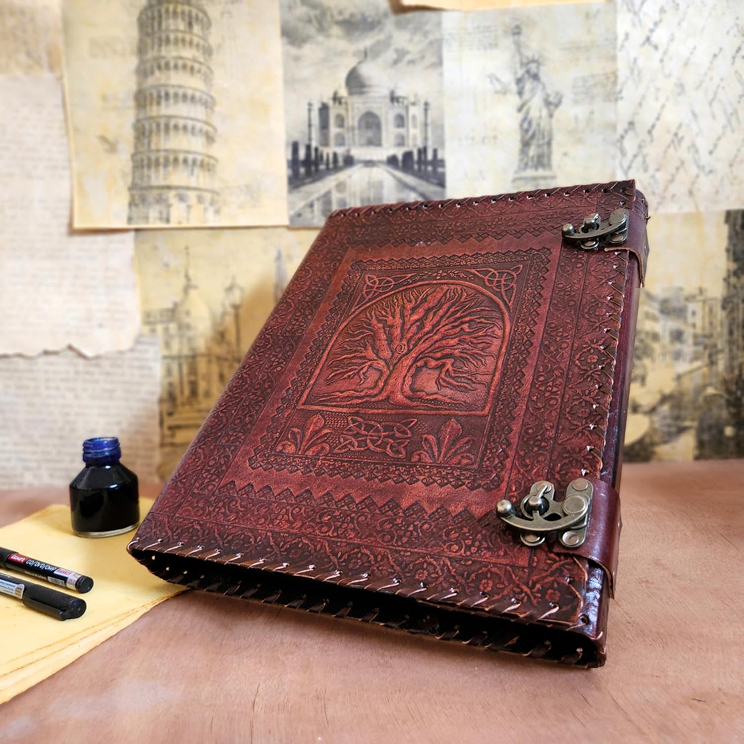 13*10 inch Handmade Leather Journal 2 Ring Binder Leather Notebook Sketchbook which has 2 rings to hold your Pages (2 Ring Binder), Brown, 4789245