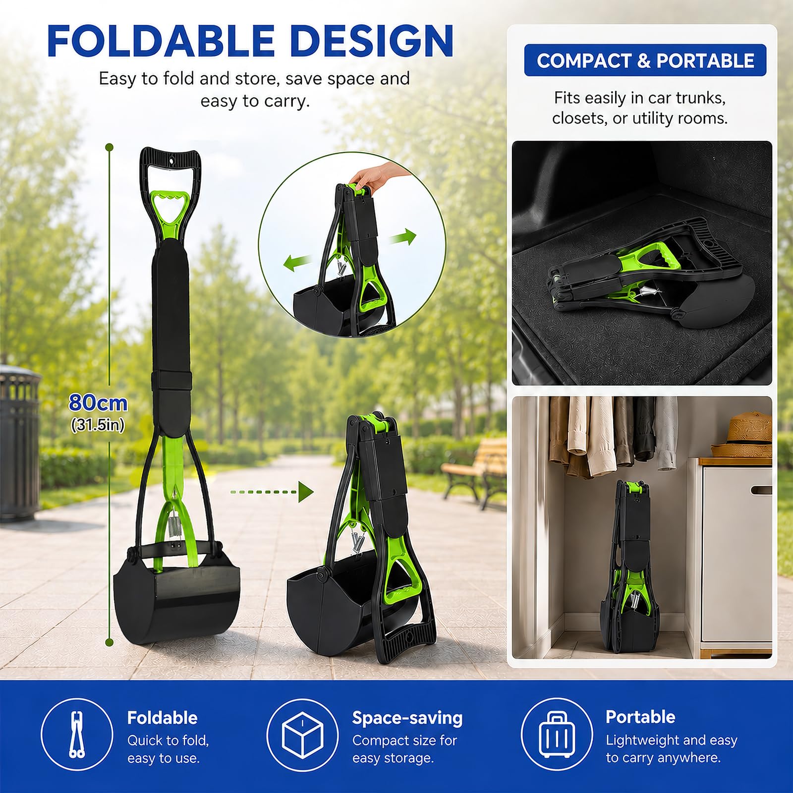 Hundekotsammler Hundekotschaufel 80 cm faltbar | Praktisch & hygienisch, Kotaufnahme ohne Bücken, inkl. Kotbeutelspender & Kotbeutelrolle, für große Hunde & Katzen