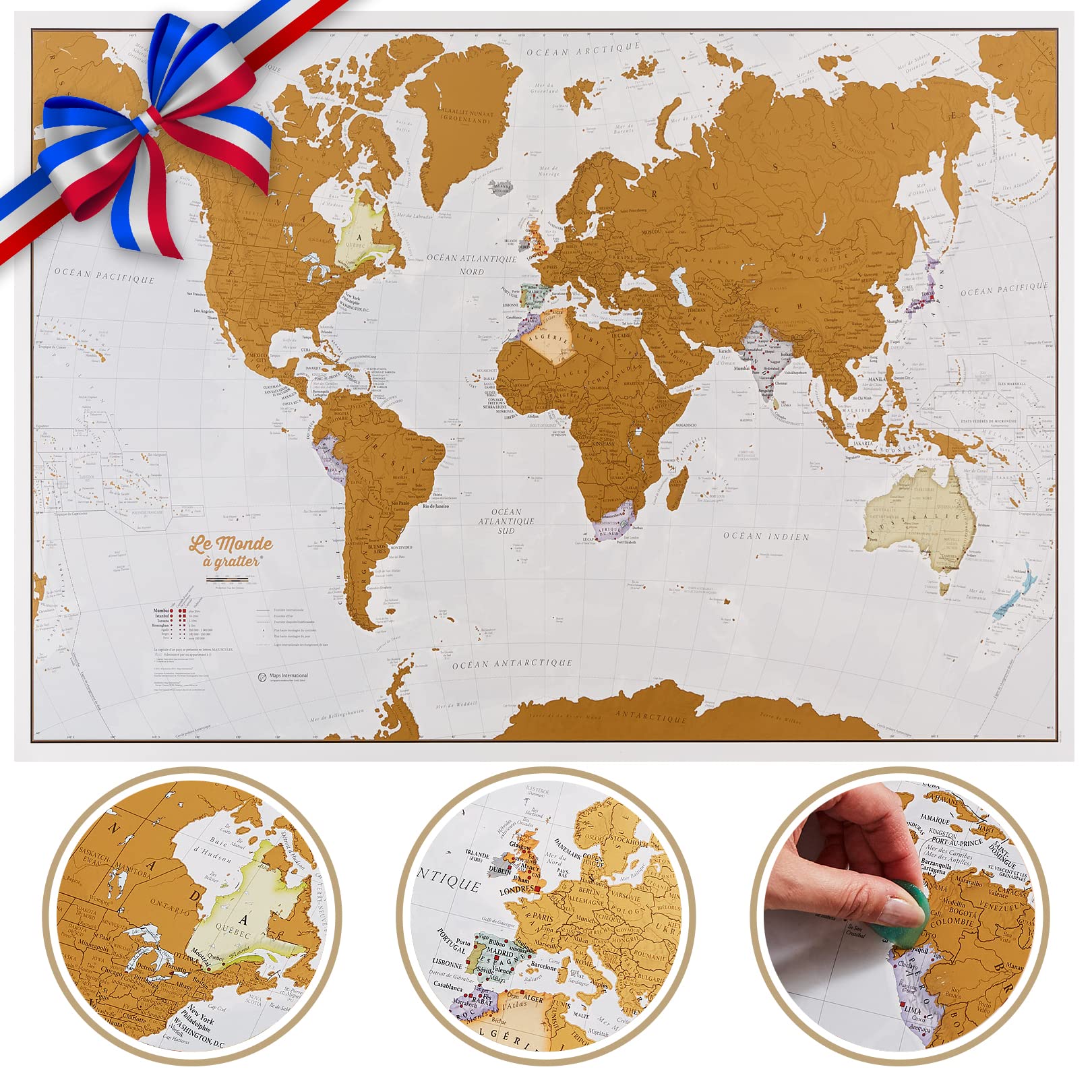 Carte du Monde à gratter en langue Française - Très grand format - 84 x 59 cm - Maps International : + de 50 ans d'expérience dans la cartographie - Éléments cartographiques détaillés