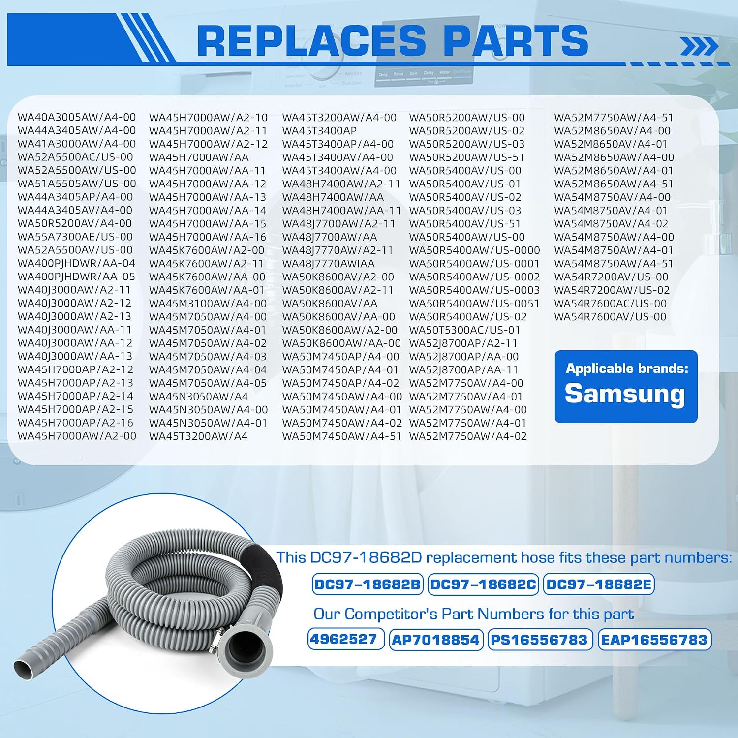 DC97-18682C Washer Drain Hose (5.75ft) with Nitrile Gloves & 2-in-1 Screwdriver, Samsung Replacement Fits WA45H7000AW WA45T3400AP, Replaces DC97-18682D DC97-18682B DC61-03947A DC67-00808A