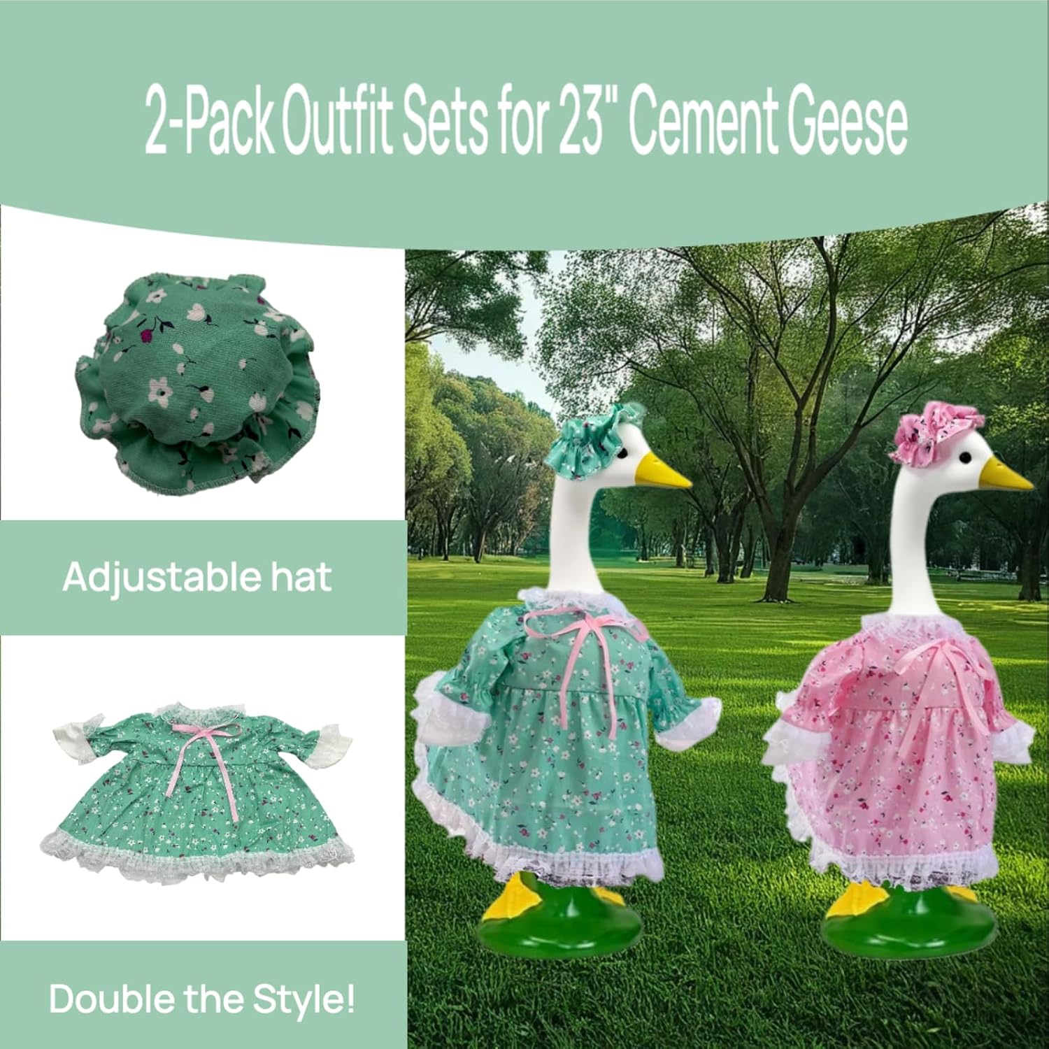 2-Pack Porch Goose Outfits for 23" Porch Goose- Lace Design Dress & Hat Set, Garden & Lawn Goose Clothing for Patio Yard Lawn Decor (Green + Pink)