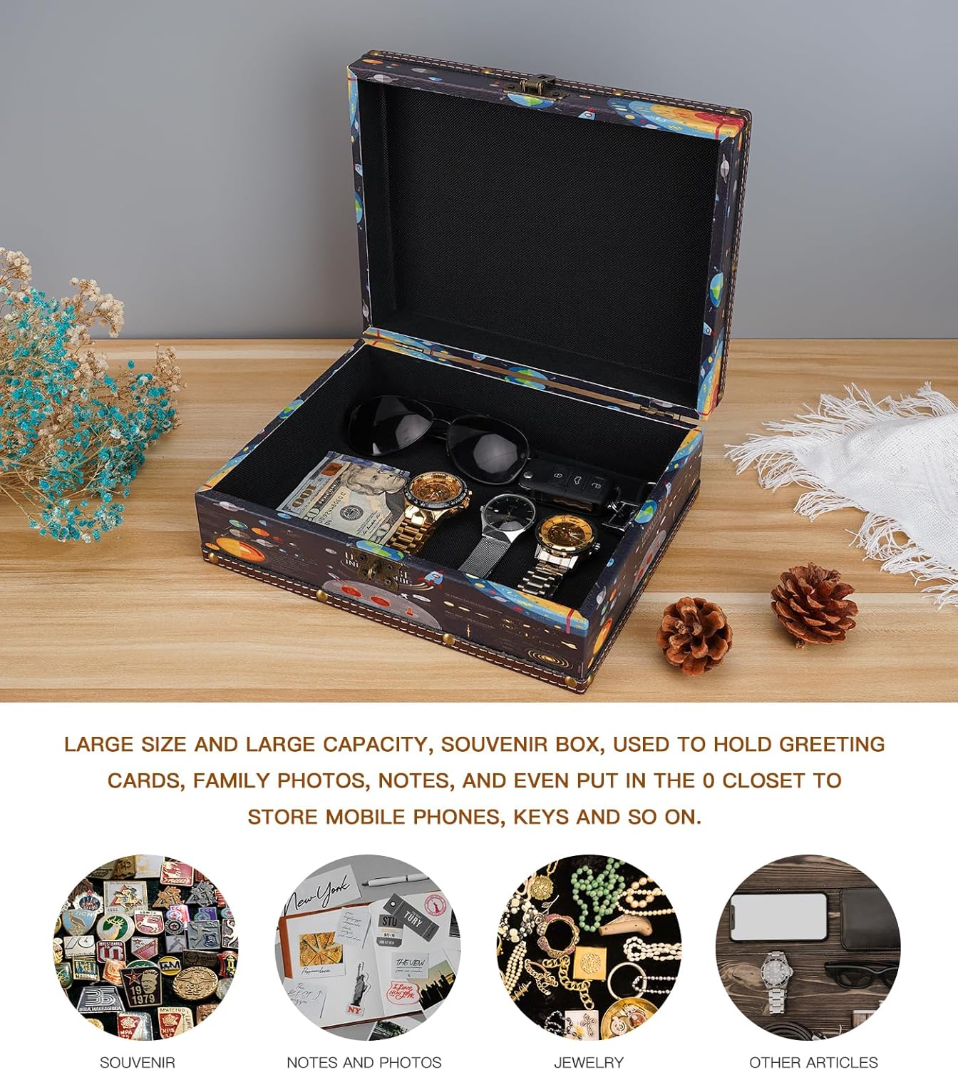 WANLIAN Wood and Leather Treasure Chest with Lid and Lock-Decorative Jewelry Keepsake Storage Box for Kids, Teenagers,for Birthday Wedding，Christmas Day