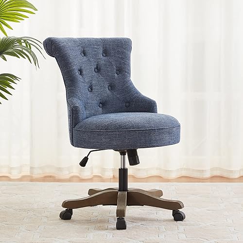 Miniatura 3 de Home Office Chair Adjustable Height Swivel Chair with Wheels Linen Fabric Upholstered Computer Desk Chair with Wooden Legs Comfortable Armless Chair