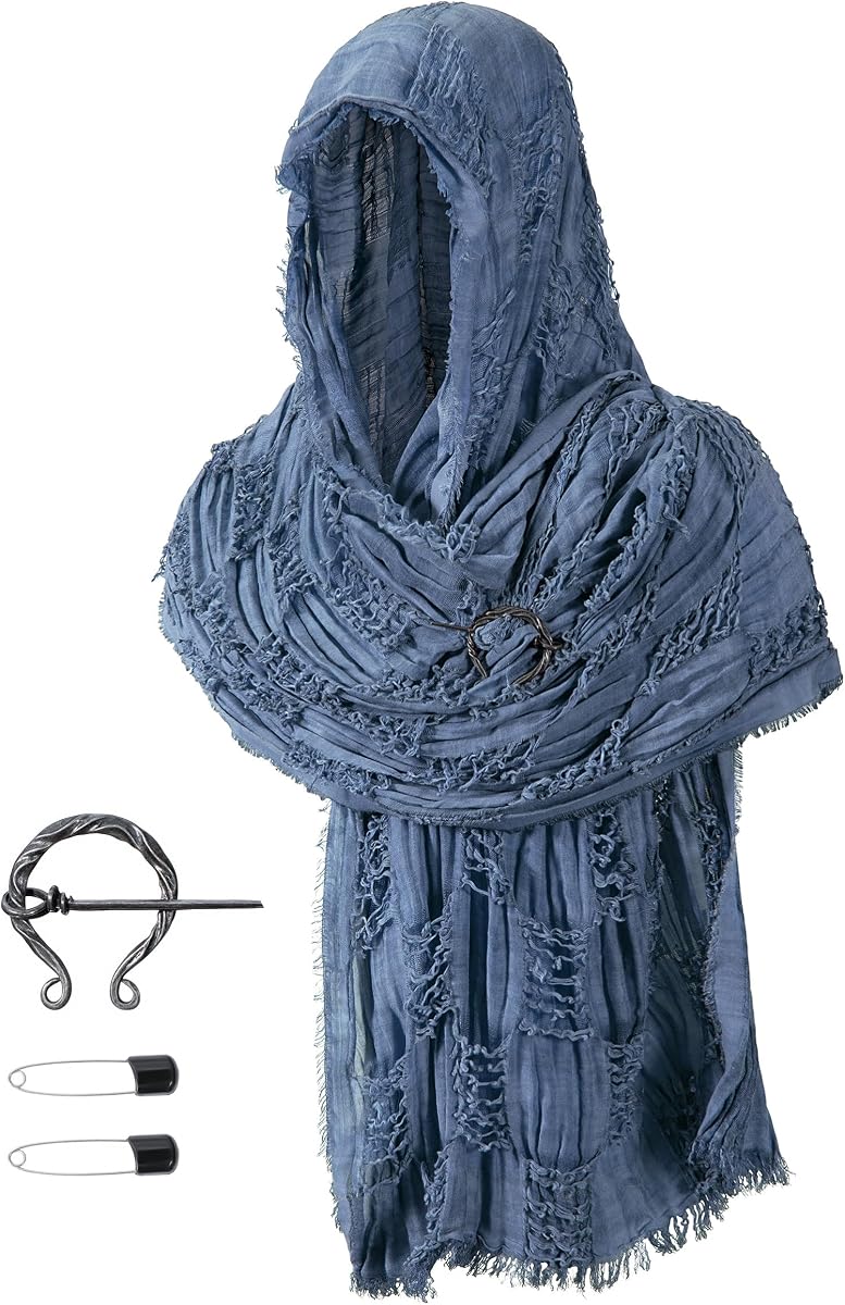 Unisex Medieval Renaissance Hooded Cowl Multifunctional Scarf Shawl Cape Halloween Cosplay Costume Brooch Accessories Set