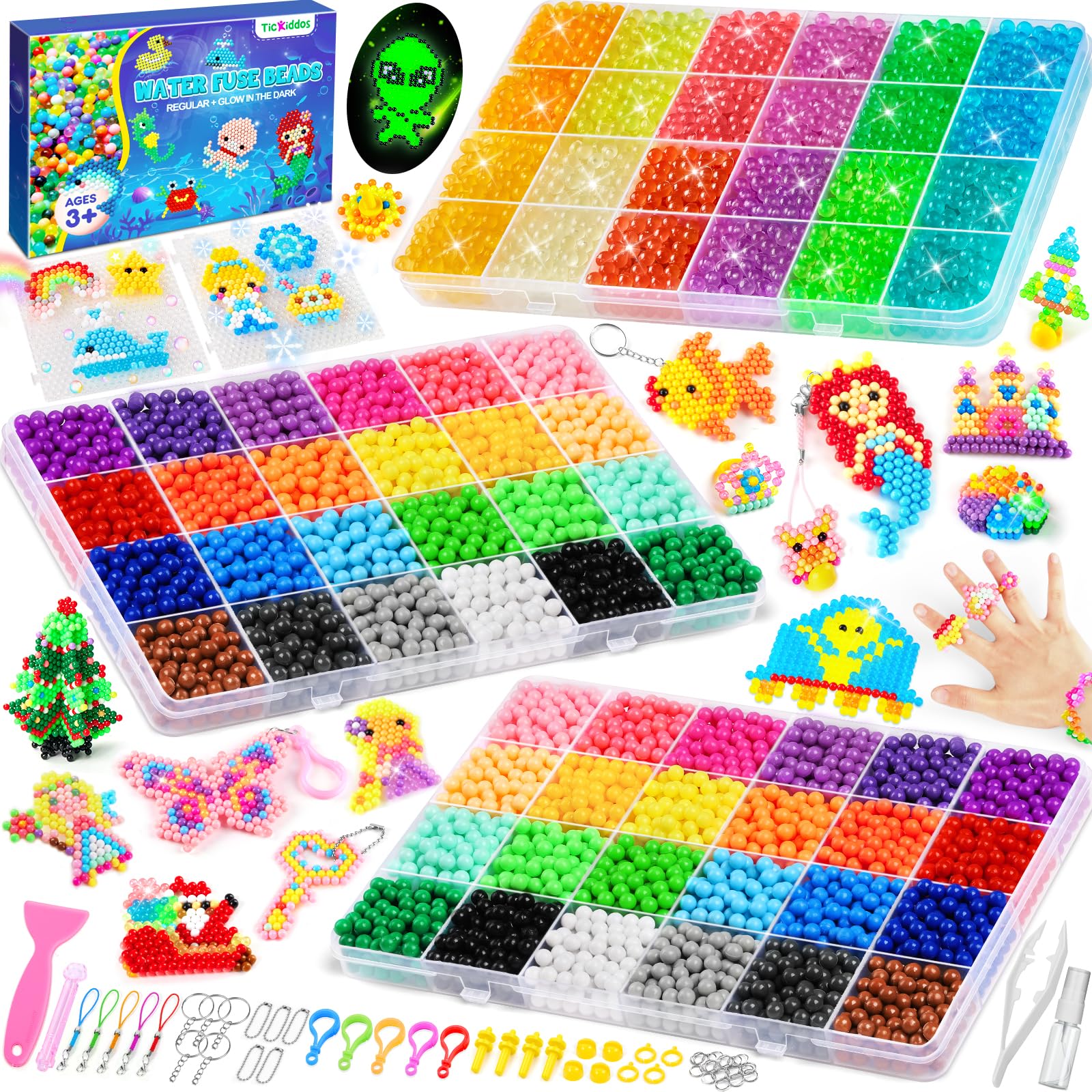 TicKiddos Water Fuse Beads Set, 24 Colors 4300+ Pcs Solid and 12 Colors 2100+ Pcs Glow in The Dark Refill Compatible, 5mm Water Sticky With Accessories as DIY Crafts Toys for Kids