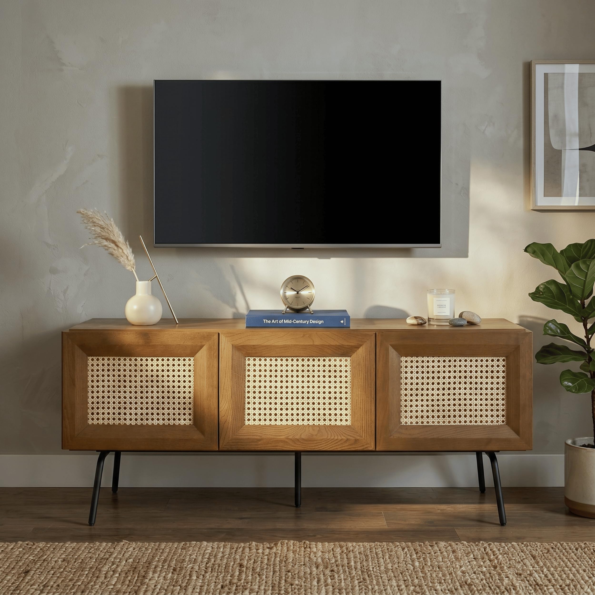 Photo 1 of NTC Mossic TV Media Cabinet with 3 Doors for TVs, Entertainment Center with Natural Rattan, Metal Legs, Modern Storage Console for Living Room and Bedroom, Effortless Assembly, Teak Look