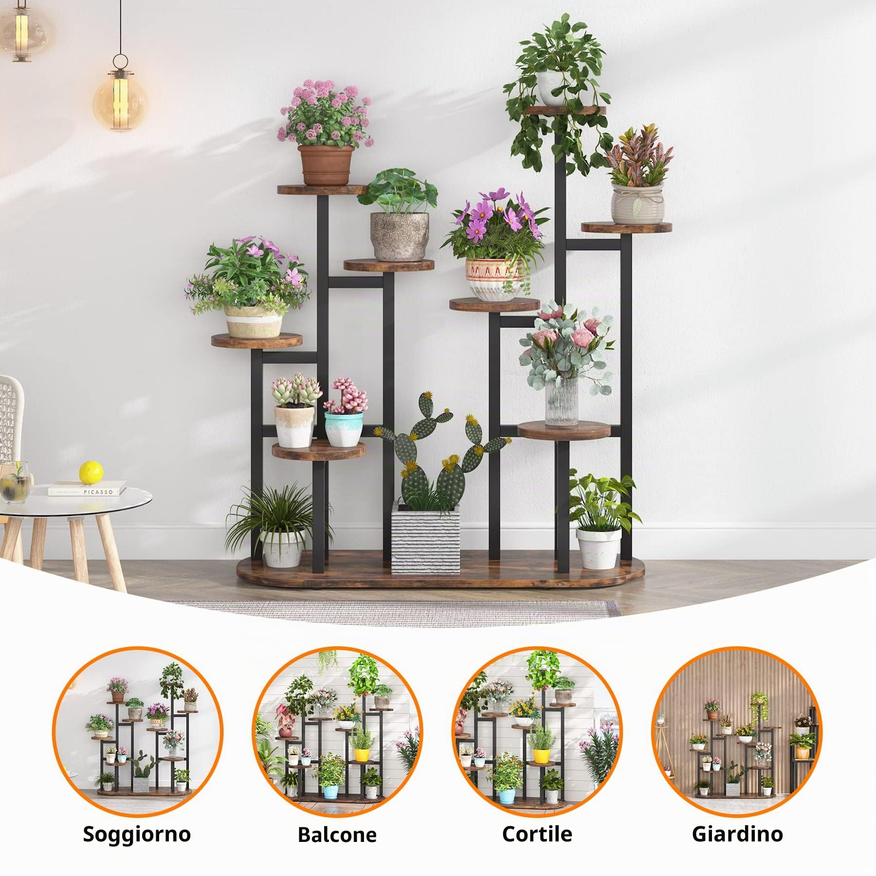 Tribesigns Supporto per piante da interno, 11 ripiani in vaso per piante in vaso, Supporto per piante alto, per fioriere, organizer per giardino, balcone, soggiorno, soggiorno, Marrone Rustico