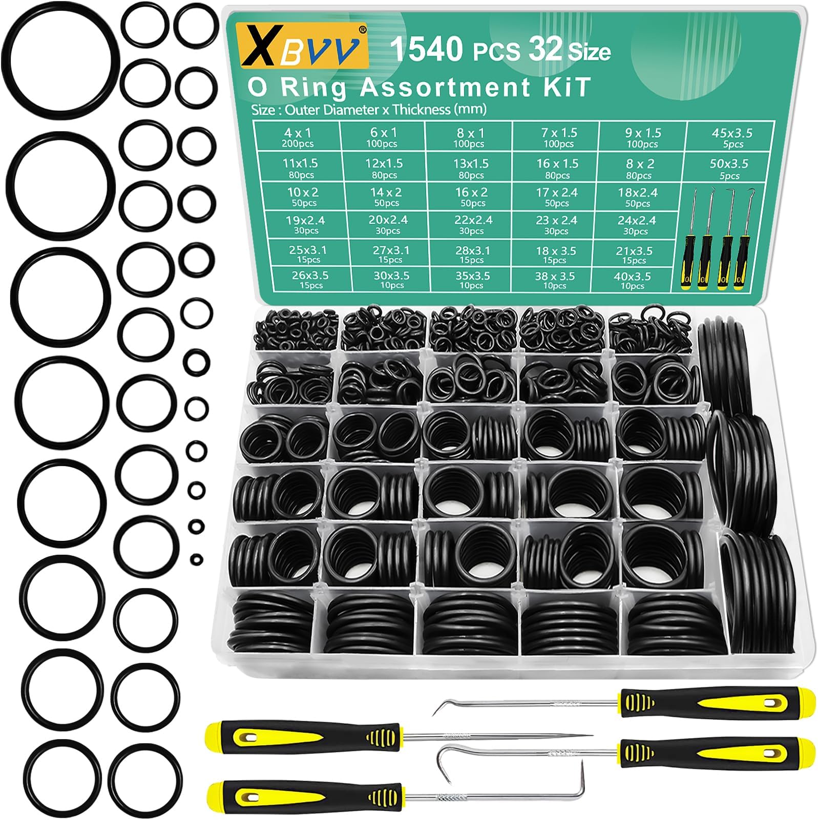 XBVV 1540 Pcs 32 Size O-Rings Kit Nitrile Rubber O Ring Assortment with 4 Hook Set for Various Car Auto Vehicle Repair Plumbing Pressure Washer Air or Gas Sealing Connections Resist Oil and Heat
