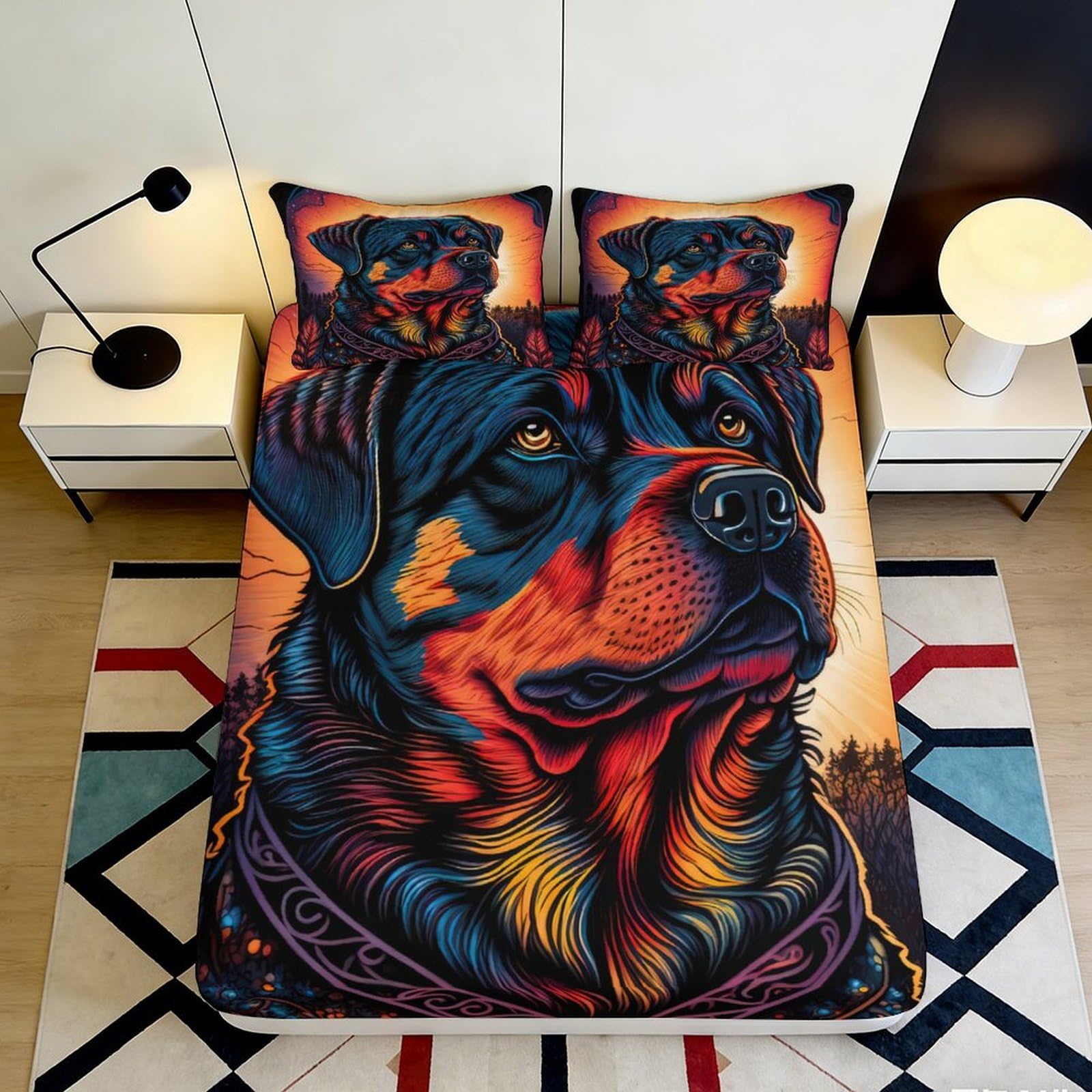 Pnayamiorkfel Style-5 3D Printed Rottweiler Art Fitted Sheet Microfiber Vibrant Dog Mattress Cover Bedroom Decorative Washable 90X200x25cm
