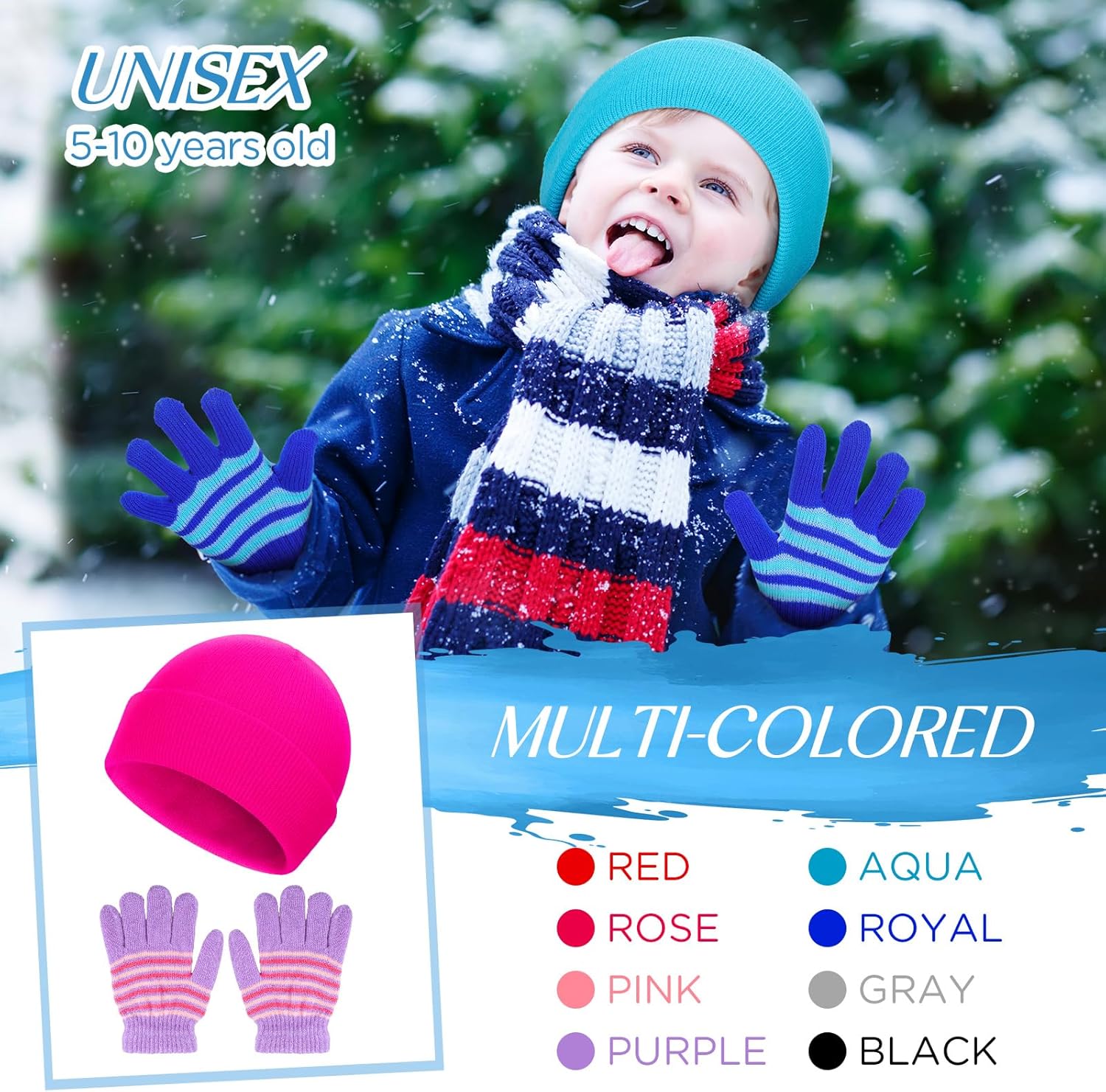 Suhine 24 Set Kids Winter Beanie and Gloves Bulk Colorful Unisex Bulk Warm 8 Styles Knit Hat Stretchy Full Fingers Gloves - Image 5