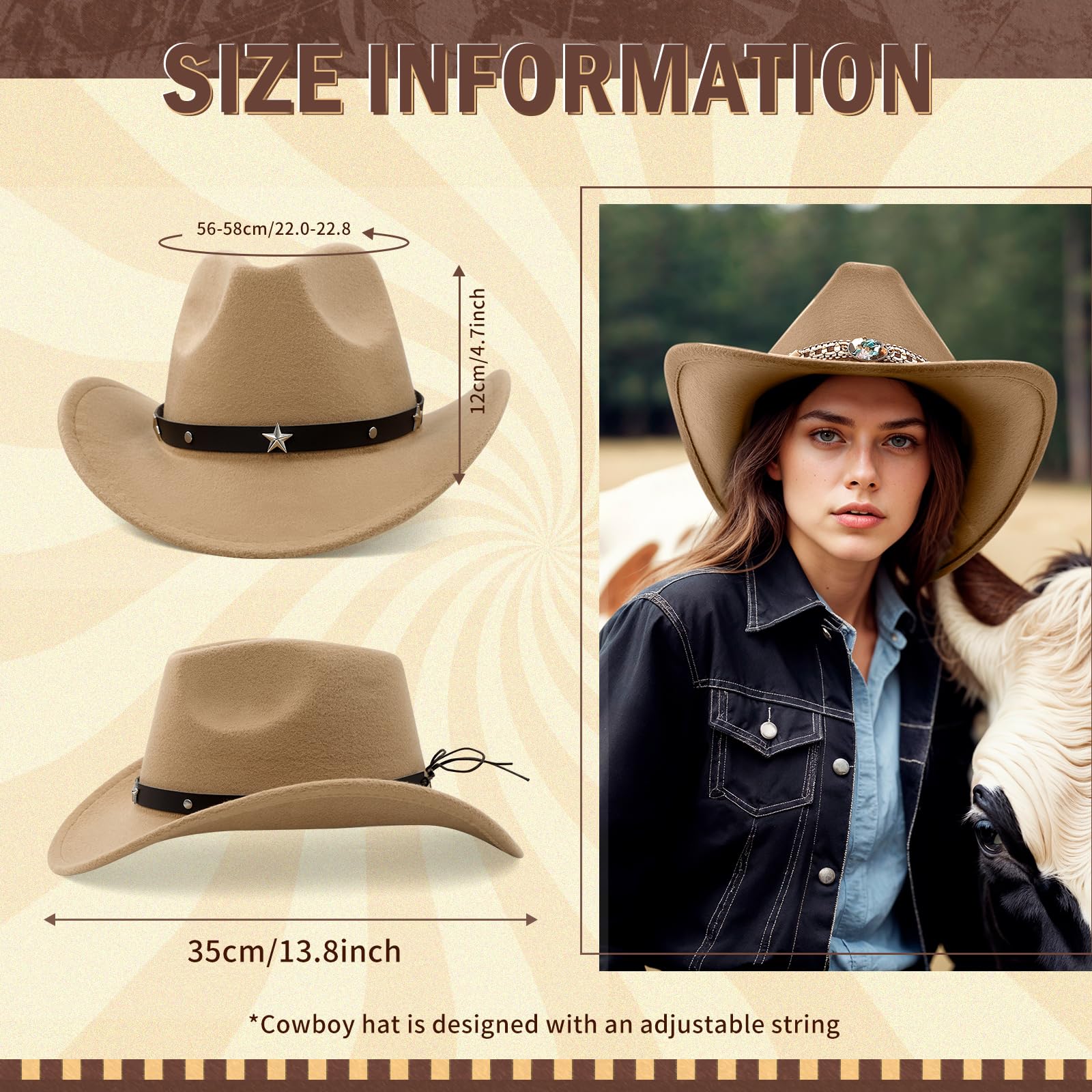 Cappello da cowboy occidentale per uomo e donna a tesa larga classico cappello da cowgirl occidentale con quattro fasce decorative in feltro Fedora Hat