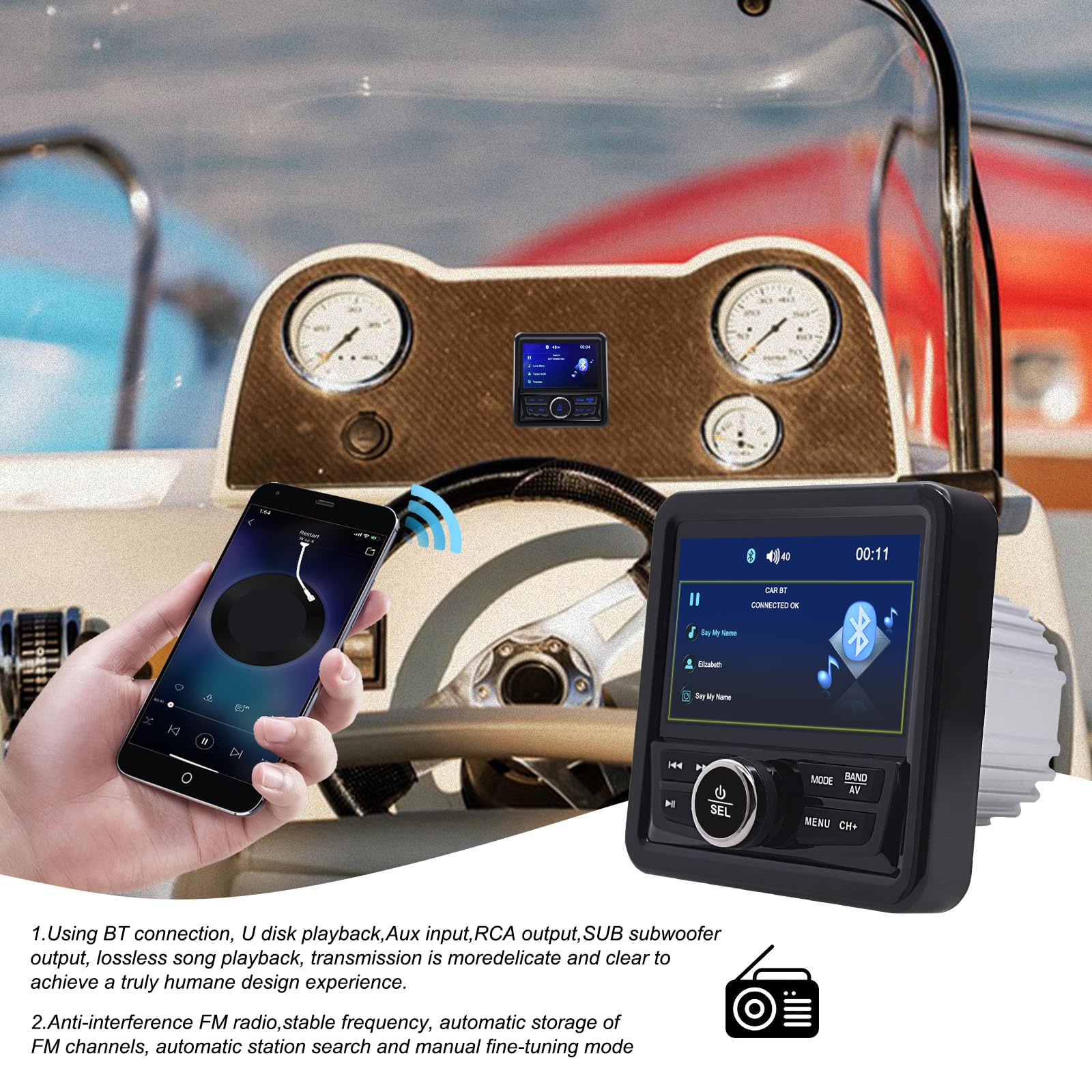 Geloo Marine Boot Stereo Radio Wasserdicht, MP5 Multimedia-Player mit 4.1” LED Digital Display, AM/FM Radioempfänger Universal für Boote, Yachten BZRs und Golfwagen, ATVs