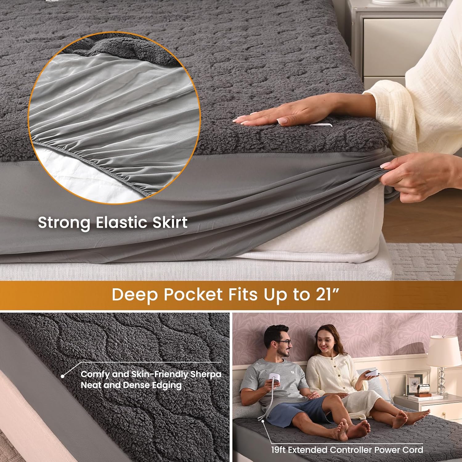 Bearhug Electric Heated Mattress Pads King Size Dual Controllers 78”×80” Sherpa Bed Warmer 21” Deep Pocket 10 Heat Settings 12-Hour Timer Machine Washable Gray - Image 3