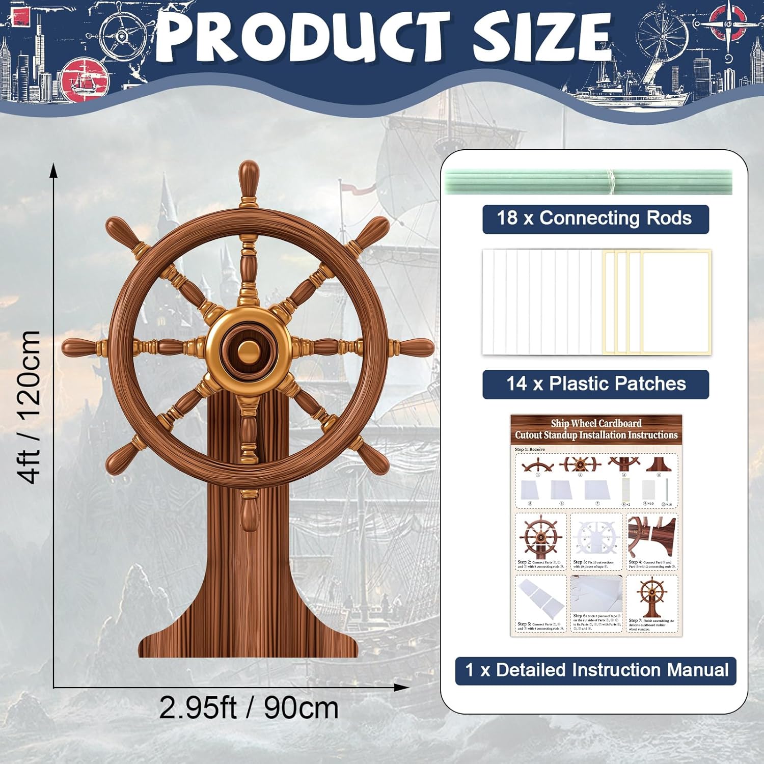 Ship Wheel Cardboard Cutout Stand Up Pirate Nautical Party Decorations Halloween Large Captain Wheel Standup Kit Photo Props Back Drops for Halloween Pirate Nautical Party Outdoor Home Decor