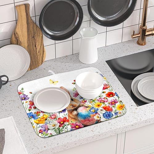 Vista 482 de Daisy On Old - Tapete de secado de platos de madera para encimera de cocina, tapete de secado de madera turquesa de 18 x 24 pulgadas con tapete