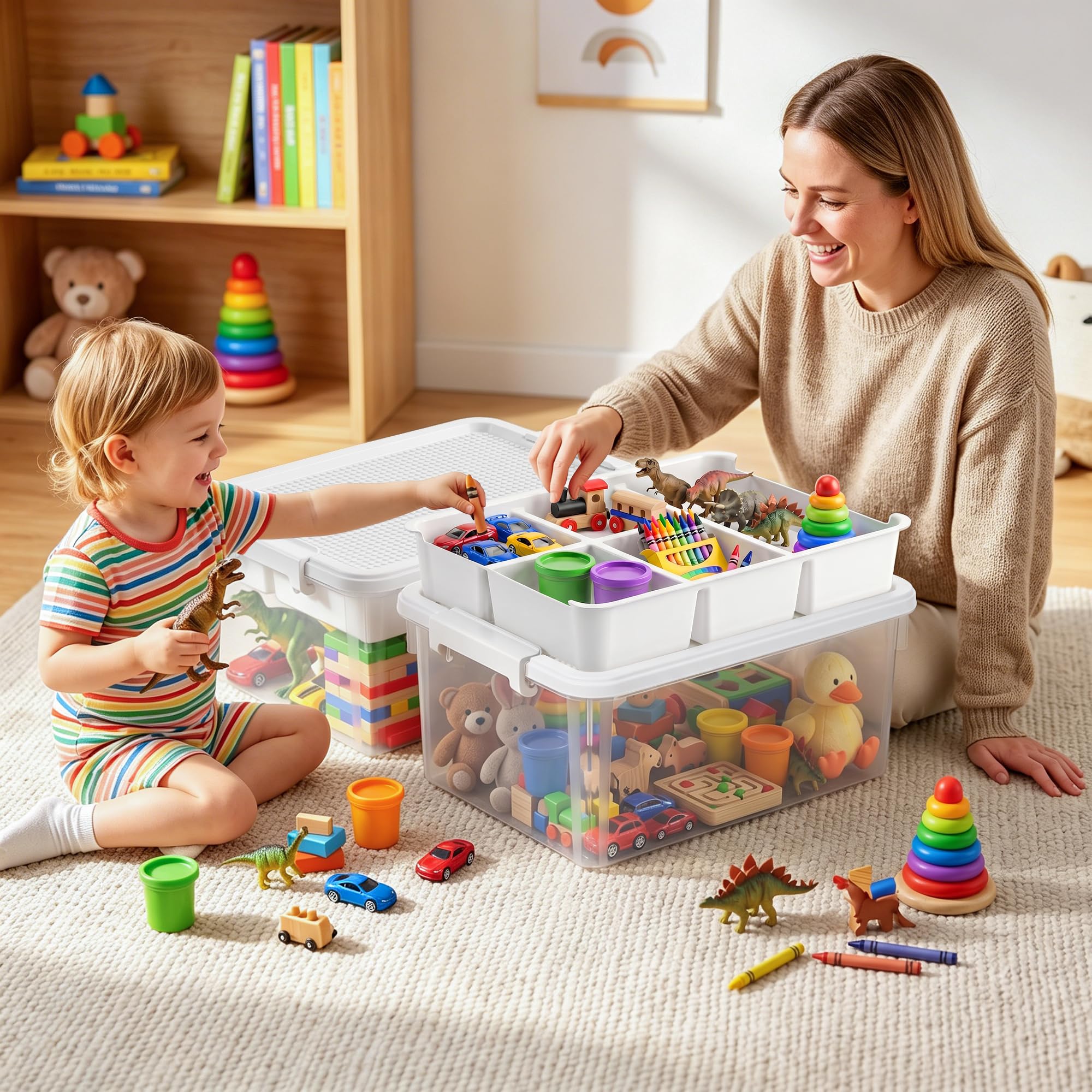 2er-Pack 16-Liter-Aufbewahrungsboxen für Spielzeug mit Deckel in Form einer Baustein-Grundplatte, herausnehmbarer Einlegeboden, Verschlussgriff, stapelbare Aufbewahrungsboxen mit Fächern