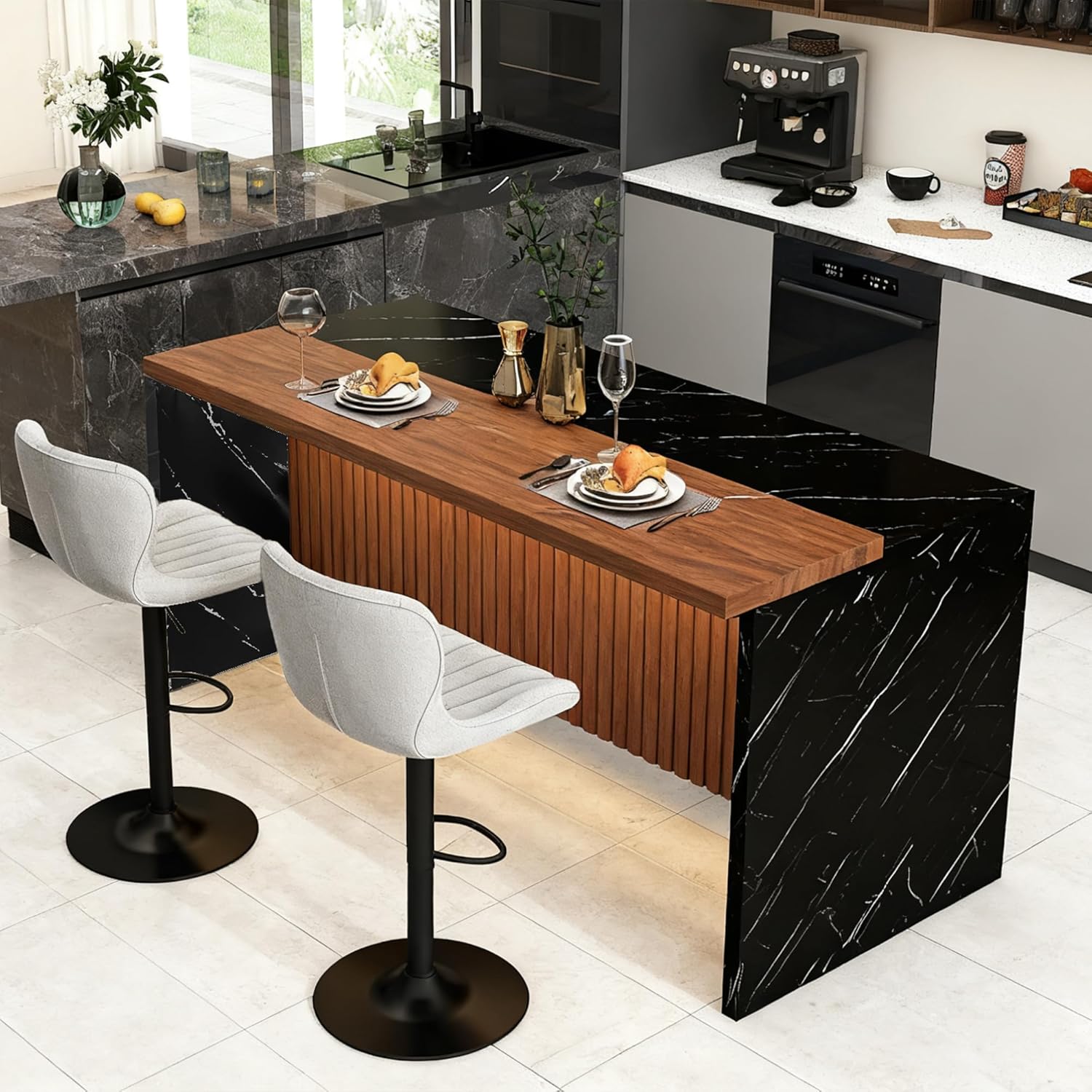 Montary 63" Modern Kitchen Island & Dining Table, Marble-Look Countertop with LED Lights & Grille Design for Dining Room, Living Room, Black(Island Only)