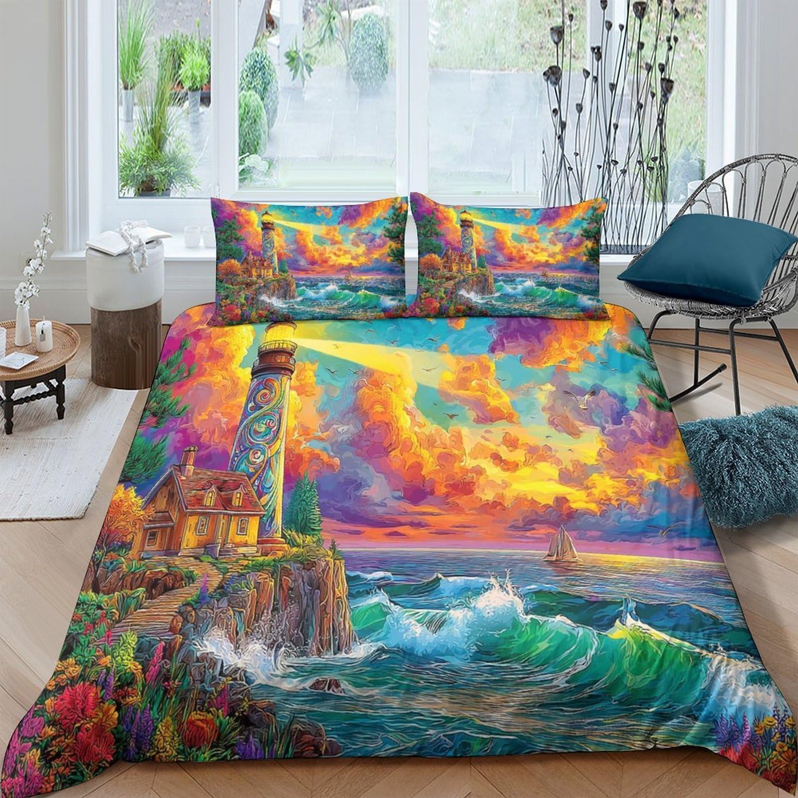 Housse de couette phare en mer hypoallergénique anti-acariens pour lit super king 260x220cm