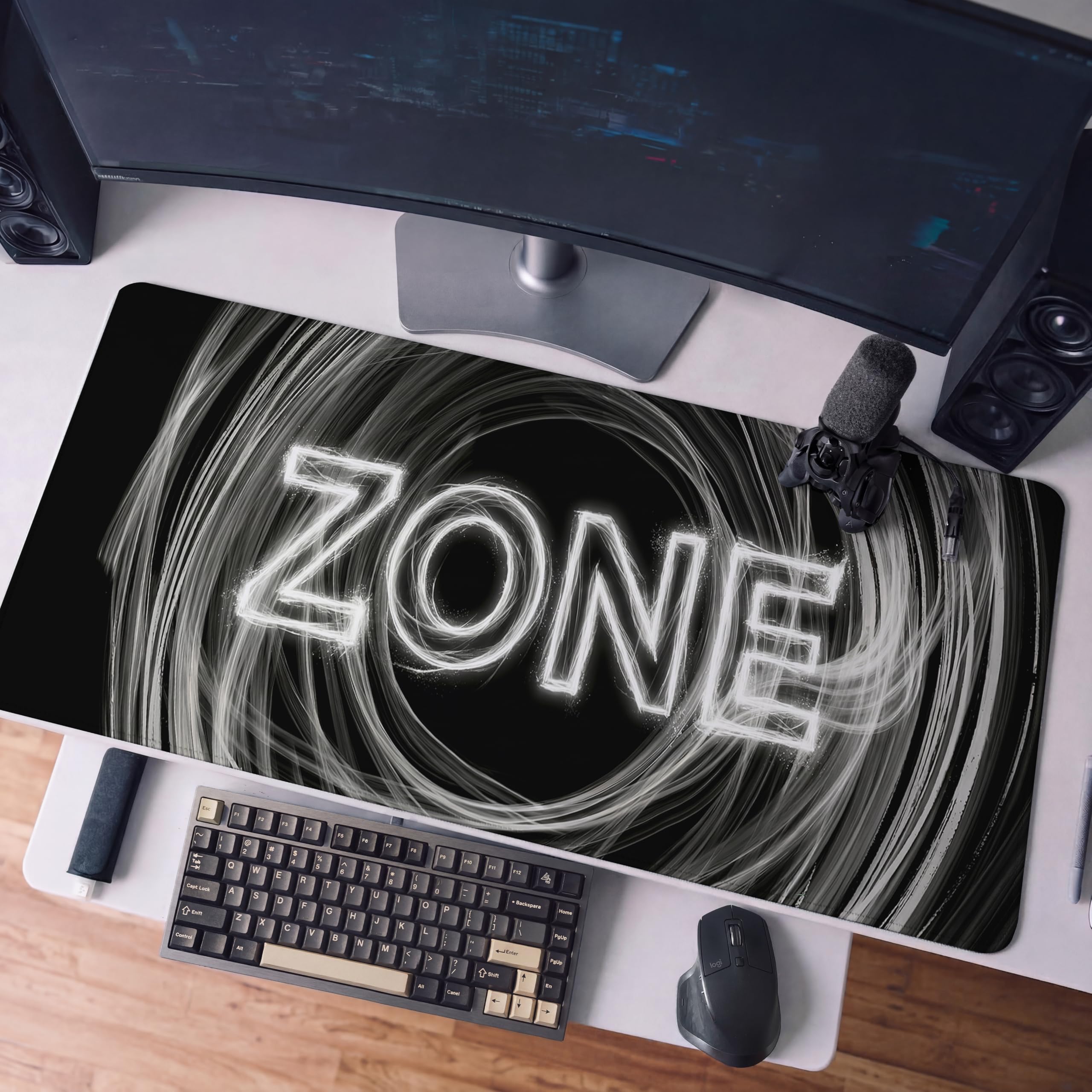 SoulAbiti Zone Gaming Mouse Pad, 36 x 16 Inch XXXL Extended Desk Mat for Keyboard & Mouse, Black White Focus Deskpad, Non-Slip Rubber Base, Stitched Edges