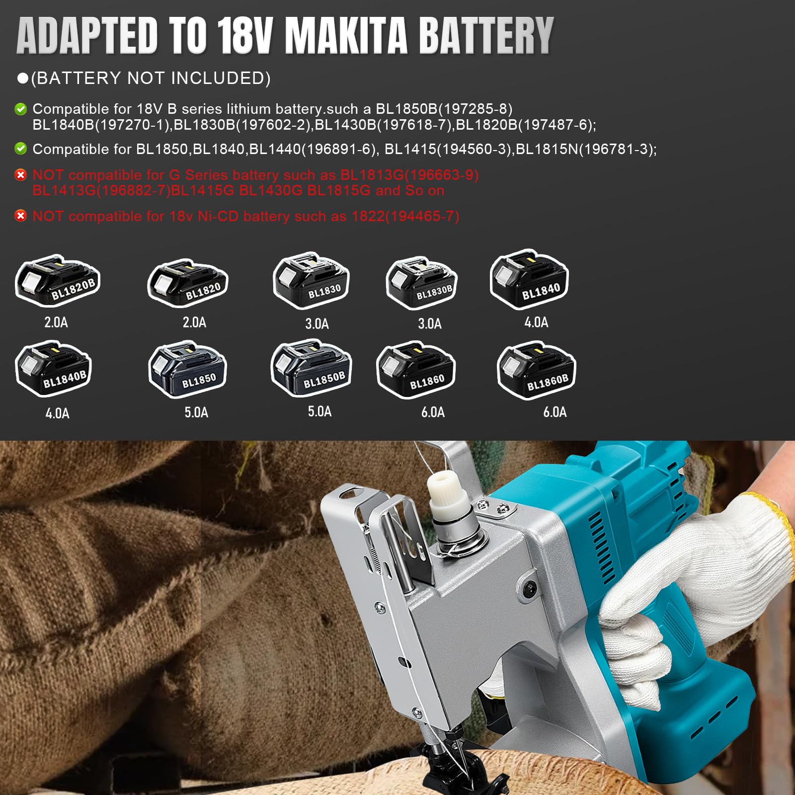 Makita 18 V batería, máquina de coser de bolsillo máquina de coser eléctrica para telas, papel, arena, yute y grano