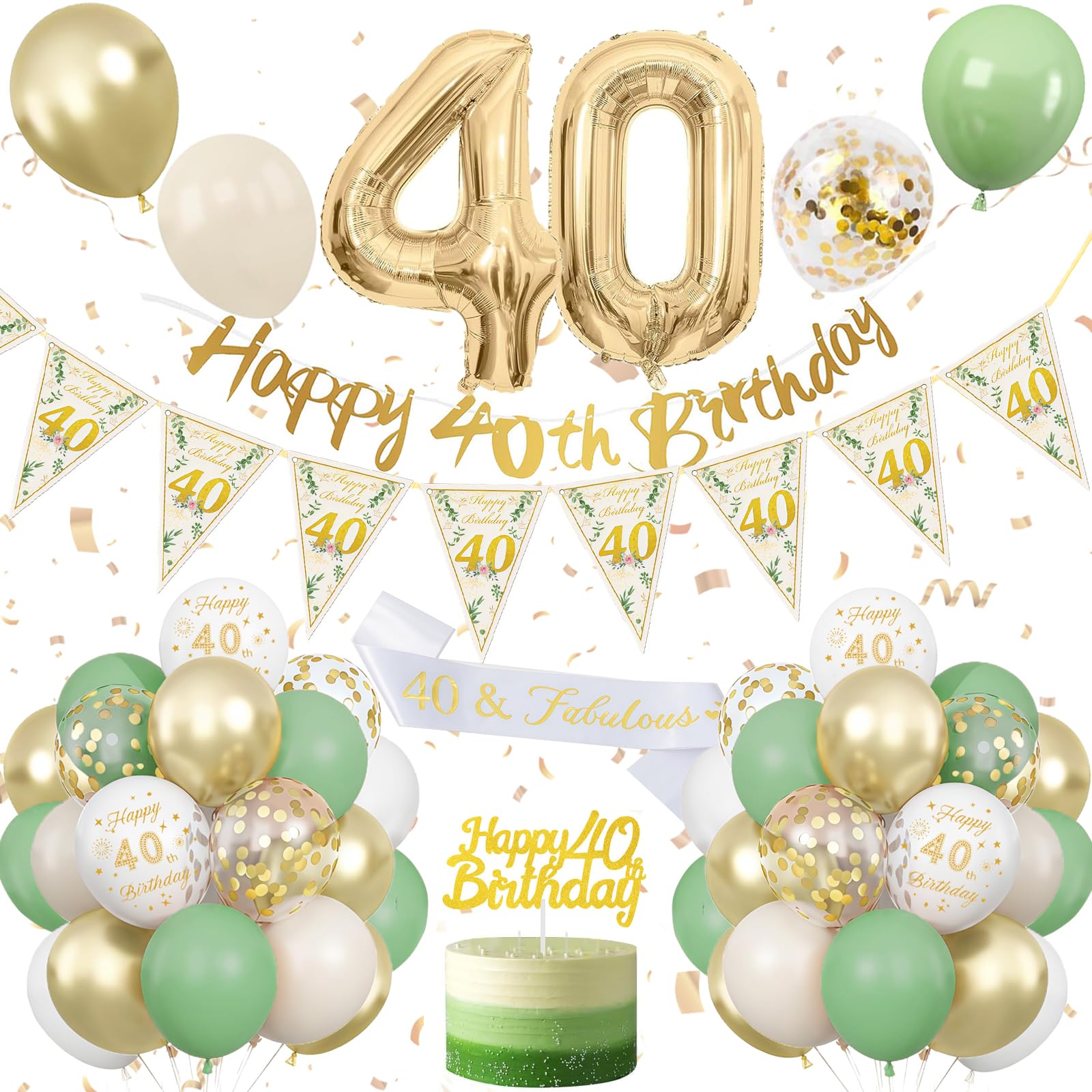 40th Birthday Decoration Sage Green, Green White Gold Birthday Decorations for 40 Year Old, Number 40 Balloons with Banner, Cake Decoration for Women and Men, 40 Year Old Birthday Decoration