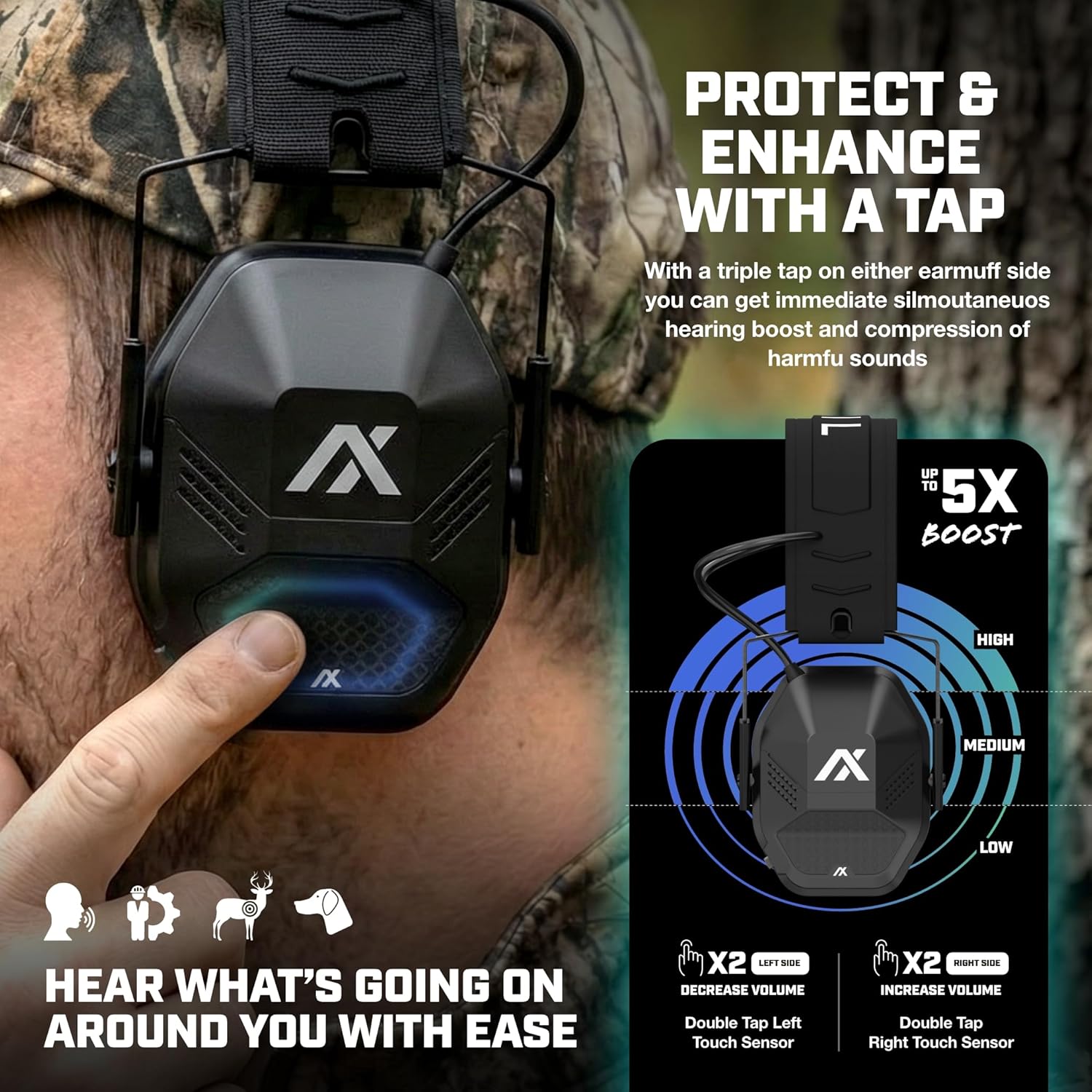 AXIL MX II PRO Bluetooth Earmuffs for Work, Hunting, Shooting - Ear Muffs for Noise Reduction with Sound Amplification & Impact Compression, Tap Controls - Bluetooth Hearing Protection Headphones